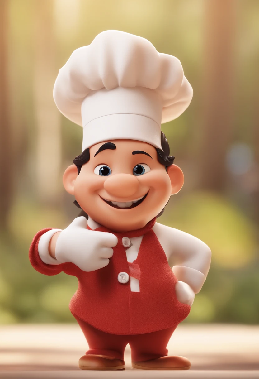 personagem dos desenhos animados de um um coelho branco de corpo inteiro com um grande e largo sorriso com os dentes superiores aparentes, grandes olhos castanhos escuro , wearing a chef's hat on his head, Wearing a chef's dolman in red maple color with chrome buttons, animation character, Caractere estilizado, animation style rendering, 3D estilizado, Arnold Maya render, 3 d render stylized, toon render keyshot, Personagem 3D, Personagem 3D, 3d rendering stylized, 3 d character render, personagem de desenho animado, Personagem de close up, Pose de personagem,  (Estilo Pixar) (master part:1.2) (Bokeh) (best quality) (pele detalhada) (textura detalhada) (8k) (argila) (Cinematic lighting) (sharp-focused, a brand logo written on Filhão Pizzas