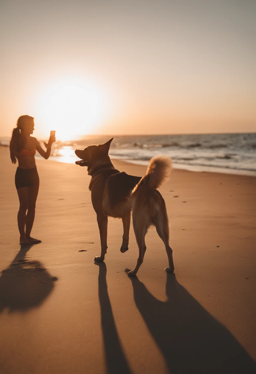There is a man and a woman taking a selfie with a dog, Postagem no Reddit, fotografia de perfil, imagem de perfil, Directed by: Nandor Soldier, fotografia do perfil, Directed by: Luis Miranda, fotografia, standing near the beach, on the beach at sunset, selfie of a dog, facebook post, holiday photography, na praia, with stray dogs, near the sea, in the sunset