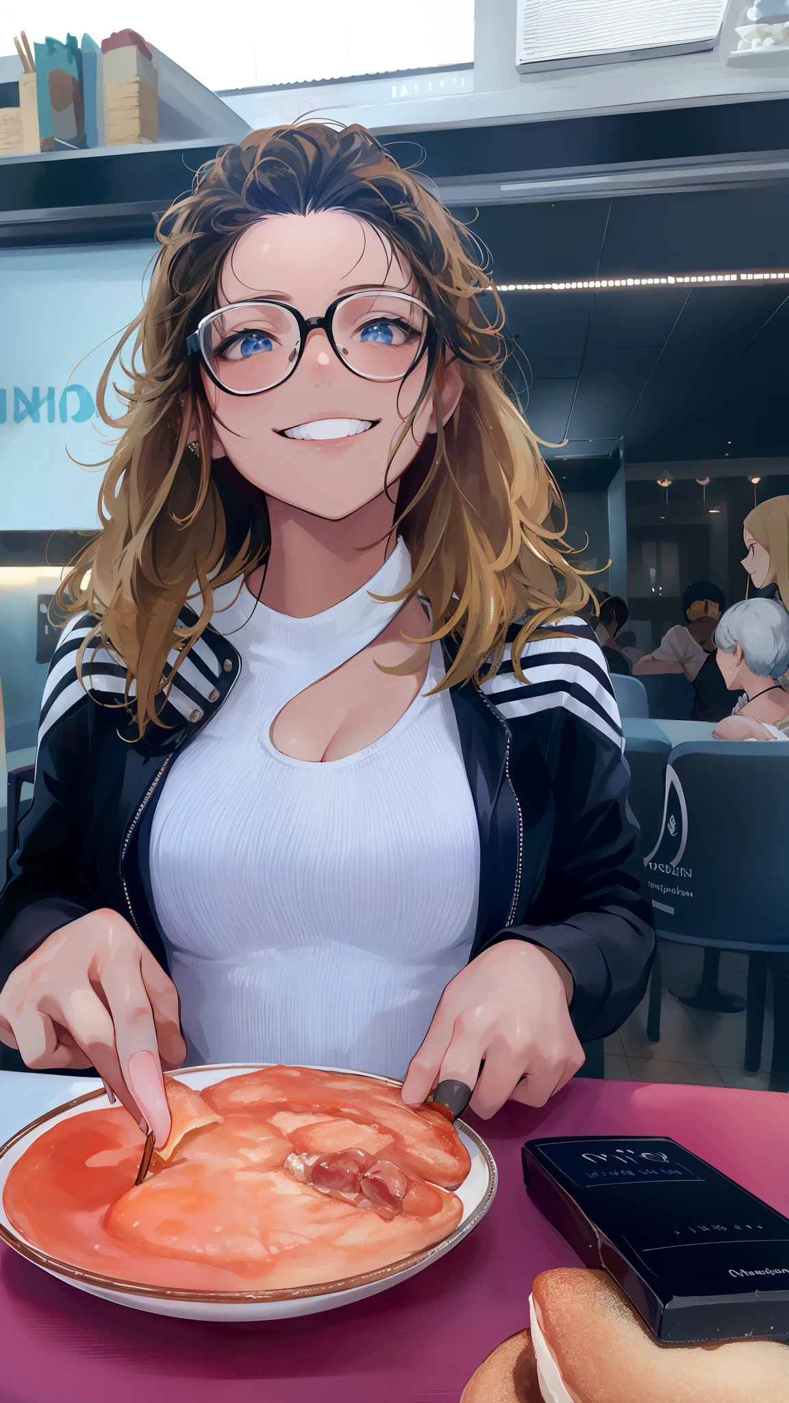 mulher sorridente sentada em uma mesa com um prato de comida, Magalie Villeneuve, Directed by: Nandor Soldier, Andorinha Toron, taken in the early 2020s, Mulher de 30 anos de Cuba, Sandra Chevier, linda senhora, imagem retrato, standing in a restaurant, Directed by: Emma Andijewska