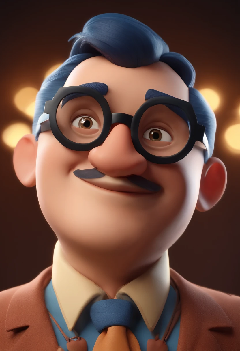 Cartoon character of a man wearing black glasses and a blue shirt, um personagem animado, Caractere estilizado, animation style rendering, 3D estilizado, Arnold Maya render, 3 d render stylized, toon render keyshot, Personagem 3D, Personagem 3D, 3d rendering stylized, 3 d character render, personagem de desenho animado, Personagem de close up, Pose de personagem, (Estilo Pixar) (master part:1.2) (Bokeh) (best quality) (pele detalhada) (textura detalhada) (8k) (argila) (Cinematic lighting) (foco nítido,Senta e vaza a parte superior do corpo