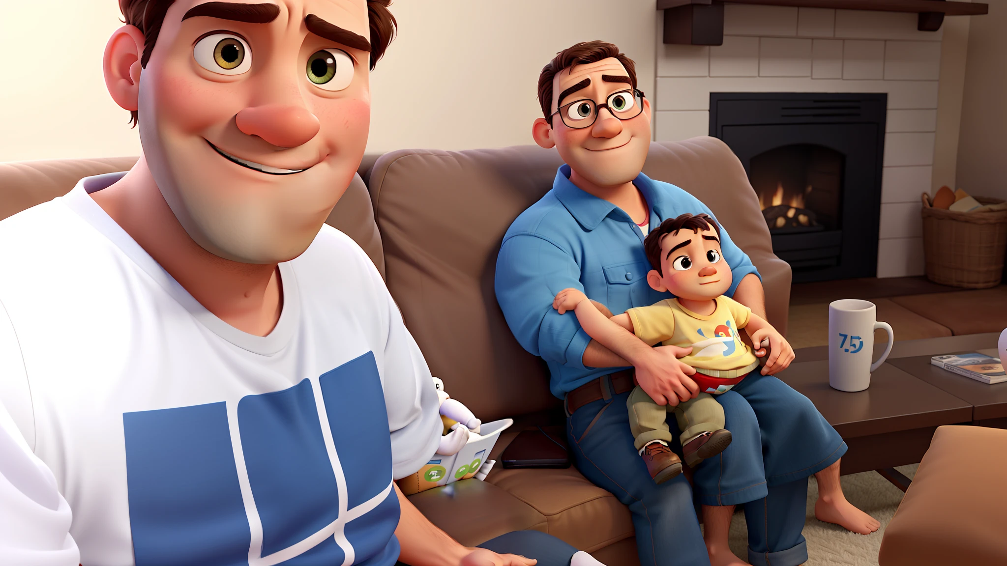 Estilo Pixar: Adult man is holding his 9-month-old son on his lap
