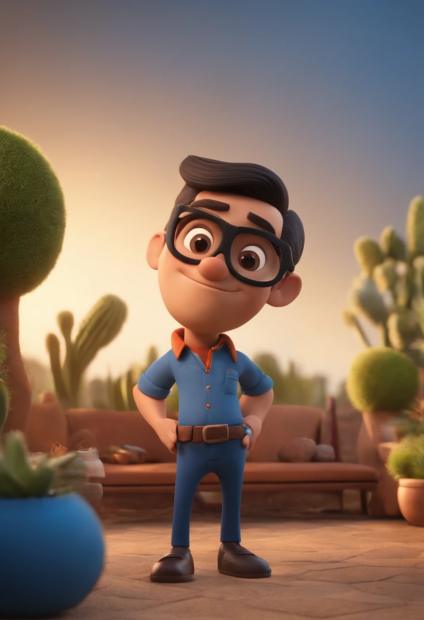 Cartoon character of a man wearing black glasses and a blue shirt, um personagem animado, Caractere estilizado, animation style rendering, 3D estilizado, Arnold Maya render, 3 d render stylized, toon render keyshot, Personagem 3D, Personagem 3D, 3d rendering stylized, 3 d character render, personagem de desenho animado, Personagem de close up, Pose de personagem, (Estilo Pixar) (master part:1.2) (Bokeh) (best quality) (pele detalhada) (textura detalhada) (8k) (argila) (Cinematic lighting) (foco nítido,Senta e vaza a parte superior do corpo
