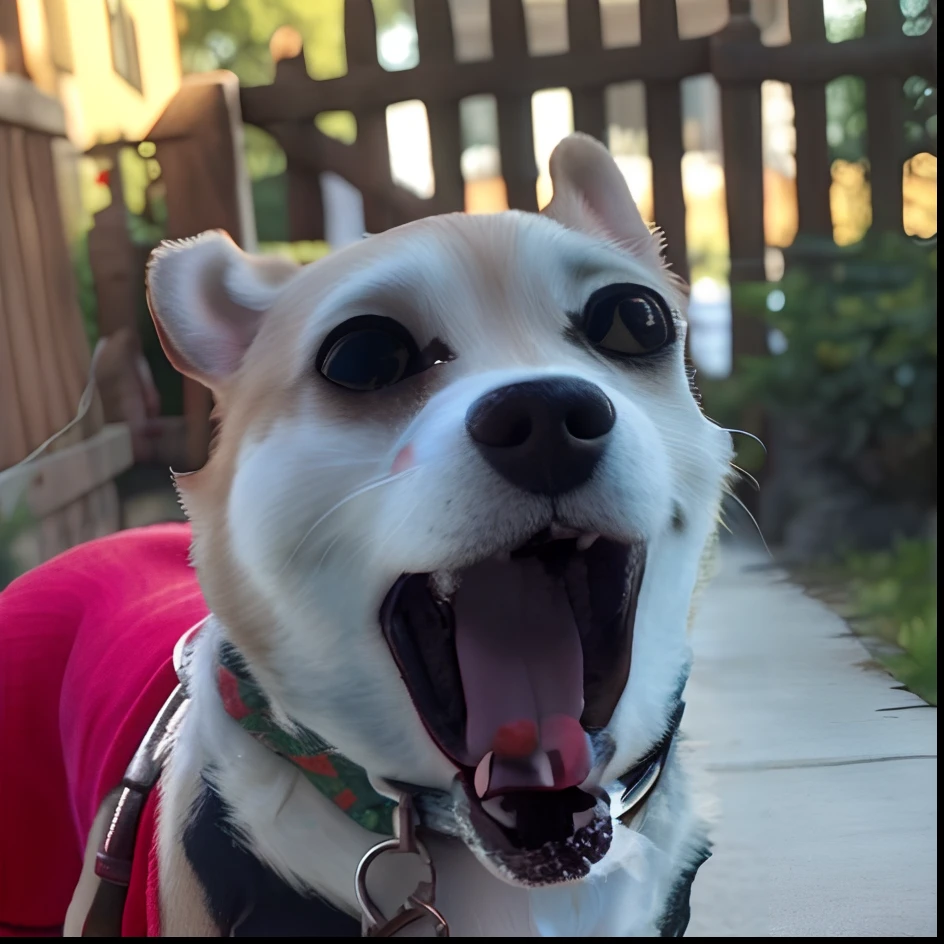 a close up of a dog wearing a red shirt on a sidewalk, very excited, Chihuahua surprised, closeup. mouth open, sneering at the camera, screaming at the camera, excited, tongue out, happy with his mouth open, very surprised, looking surprised, mouth open, yeah, excited expression, yawning, shocked, someone is screaming