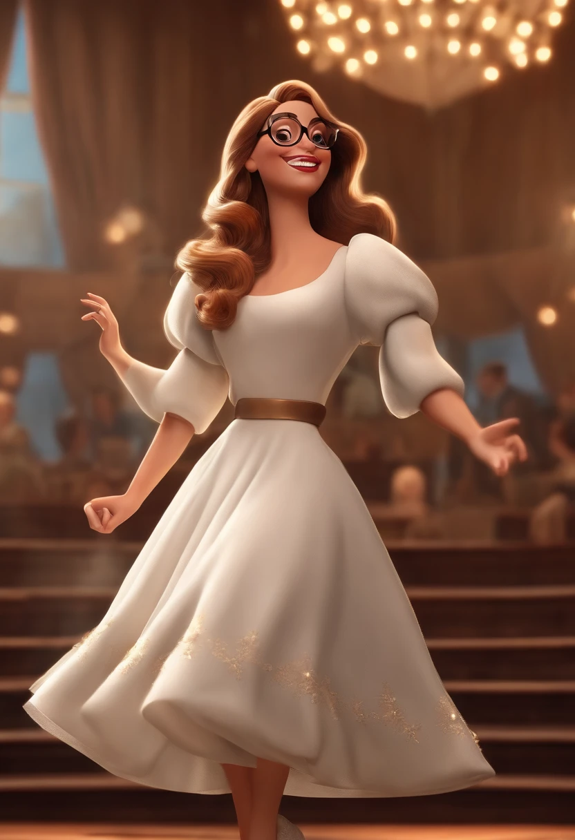 "(best quality,ultra-detalhado,Realistic:1.37),3D rendering,illustration,design de personagens,cabelos curtos e cacheados escuros,belos olhos detalhados,wearing white glasses,Estilo Pixar,morena mulher,Dancing on the Disney stage,atmosfera animada,vivid colors,luzes de palco,expression joyful"