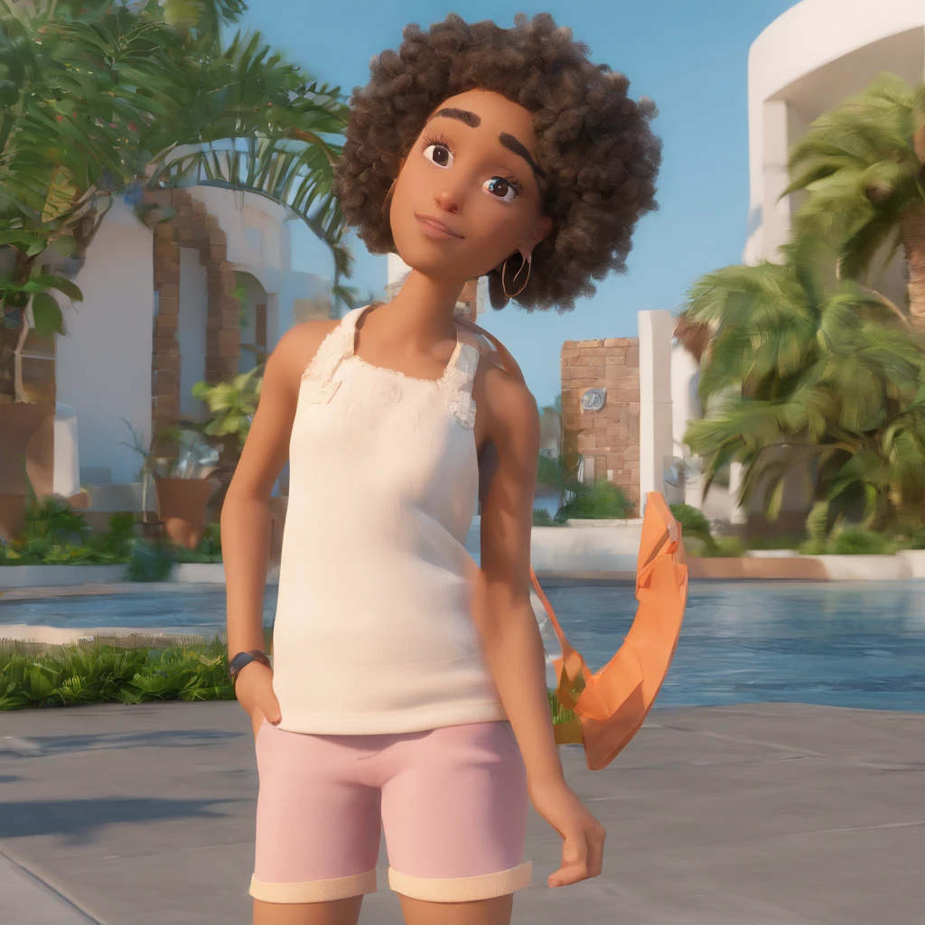 a Disney Pixar movie poster showing a brown-skinned family.  The father is of medium height, Tem barba curta grisalho, moreno claro , cabelos curtos . Mom has straight brown eyes and hair, shoulder-length and overweight. A menina tem 13 anos e cabelos castanhos liso, roupa rosa e rabos de cavalo. The background is a beach garden. 3D-rendering