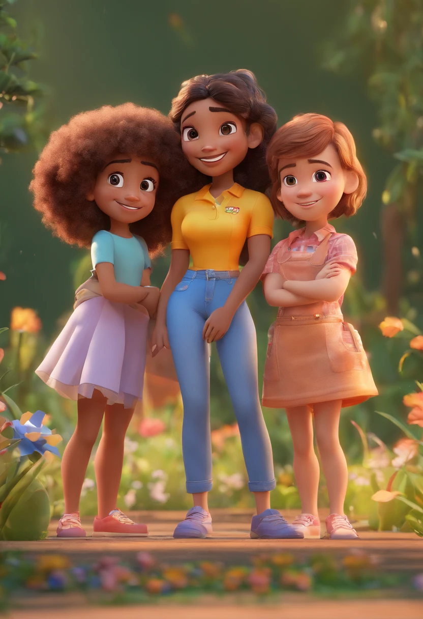 Estilo Pixar: Familia, Um pai, A mother and two girls. Uma menino de 6 anos e uma menina de 10 anos . Uma fazenda com vacas lindas e marrom .