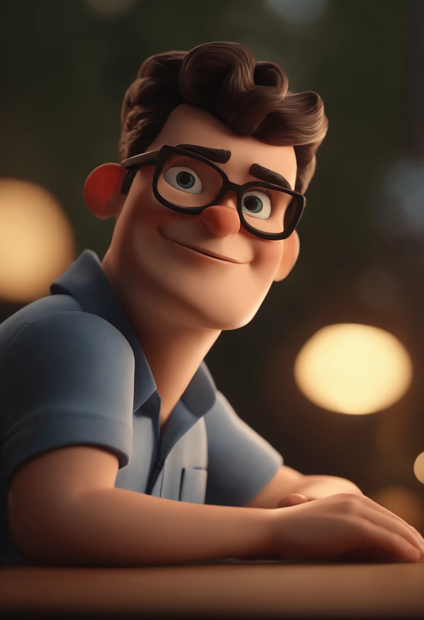 Cartoon character of a man with black glasses and a blue shirt, animation character, Caractere estilizado, animation style rendering, 3D estilizado, Arnold Maya render, 3 d render stylized, toon render keyshot, Personagem 3D, Personagem 3D, 3d rendering stylized, 3 d character render, personagem de desenho animado, Personagem de close up, Pose de personagem,  (Estilo Pixar) (master part:1.2) (Bokeh) (best quality) (pele detalhada) (textura detalhada) (8k) (argila) (Cinematic lighting) (foco nítido