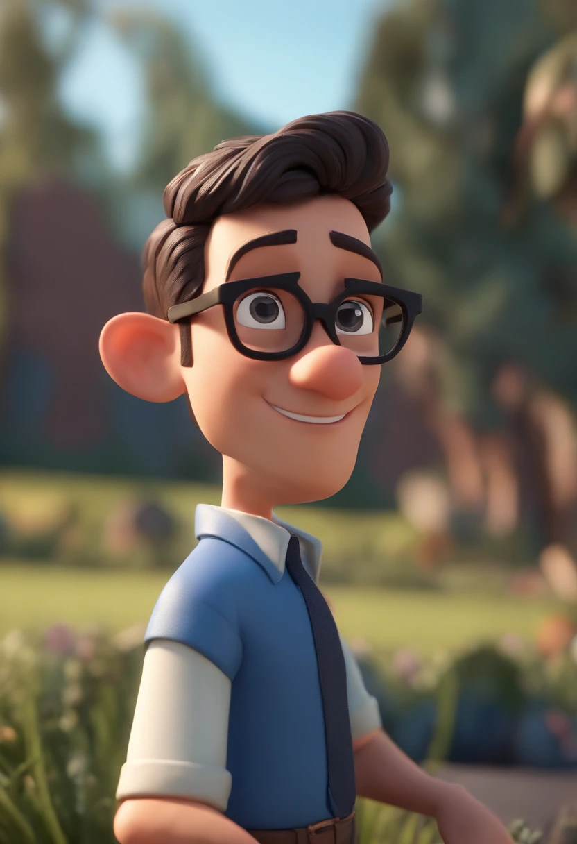 Cartoon character of a man wearing black glasses and a blue shirt, um personagem animado, Caractere estilizado, animation style rendering, 3D estilizado, Arnold Maya render, 3 d render stylized, toon render keyshot, Personagem 3D, Personagem 3D, 3d rendering stylized, 3 d character render, personagem de desenho animado, Personagem de close up, Pose de personagem, (Estilo Pixar) (master part:1.2) (Bokeh) (best quality) (pele detalhada) (textura detalhada) (8k) (argila) (Cinematic lighting) (foco nítido,Senta e vaza a parte superior do corpo