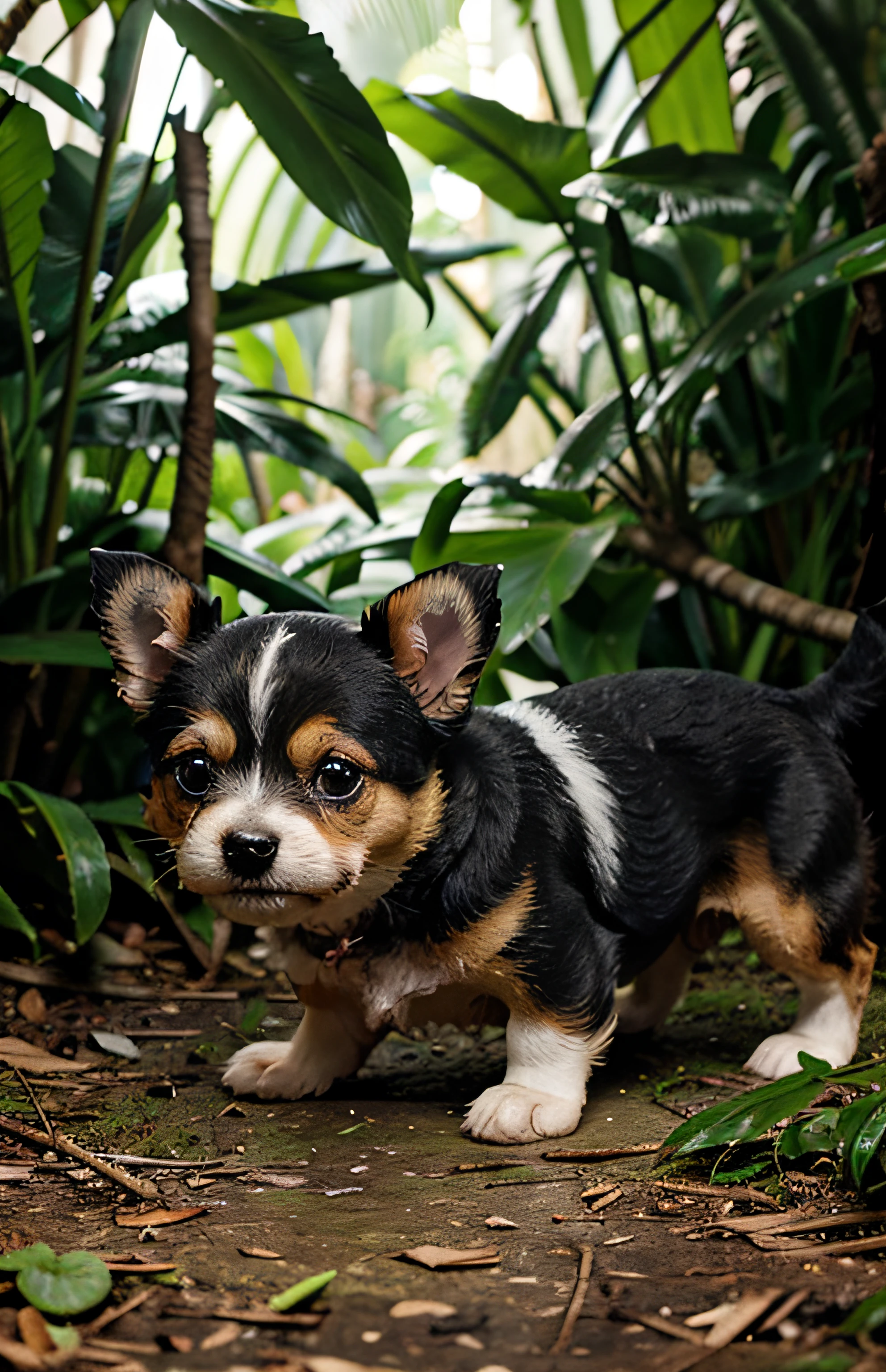 Small dog with jungle background,