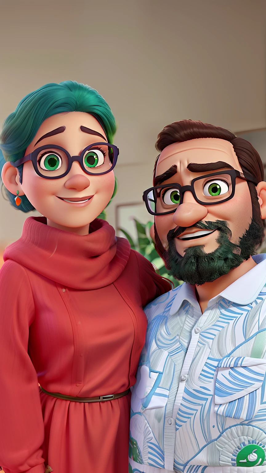 criam imagem pixar de Casal ambos 40 anos, Mulher com vestido vermelho, cabelo grisalho, Husband with beard and green square prescription glasses,