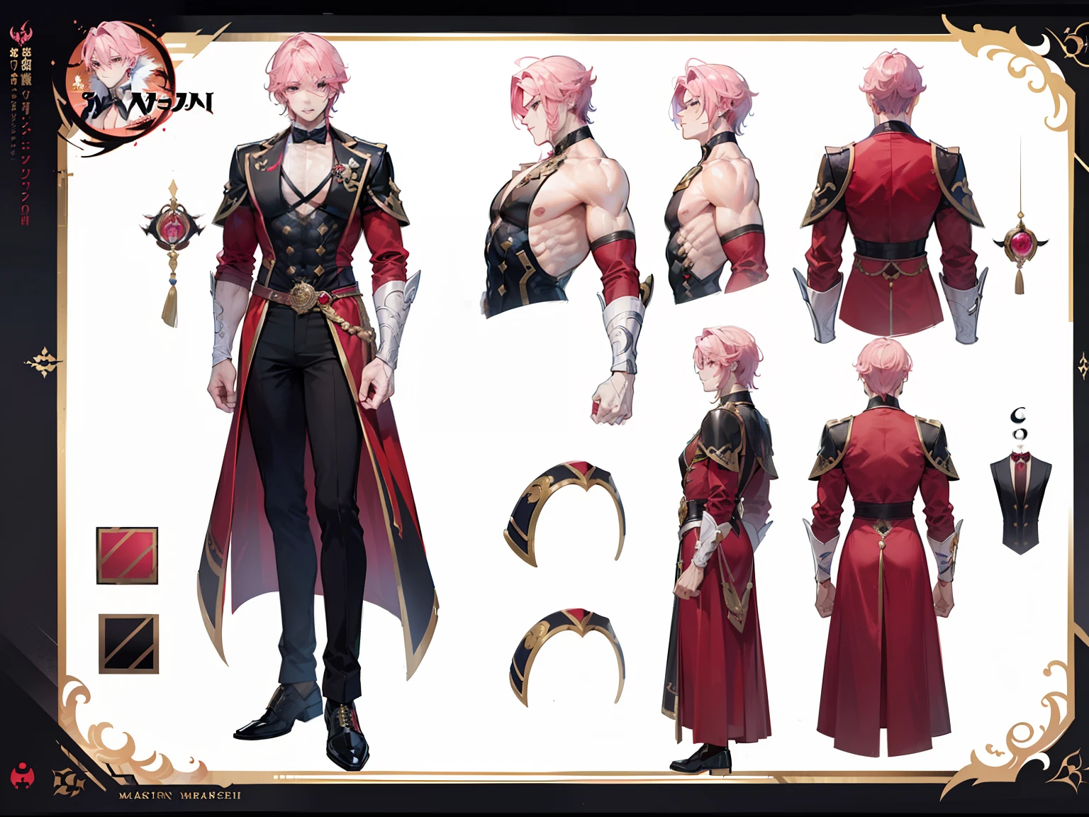 ((Masterpiece, Highest quality)), Male, boy, Detailed face, character design sheet,full body esbian, Full of details, frontal body view, back body view, Highly detailed, Depth, Many parts, Muscle boy with pink hair,handsome man, vampire outfit clothes, Genshin Impact, man tall, pectoral muscles, abs