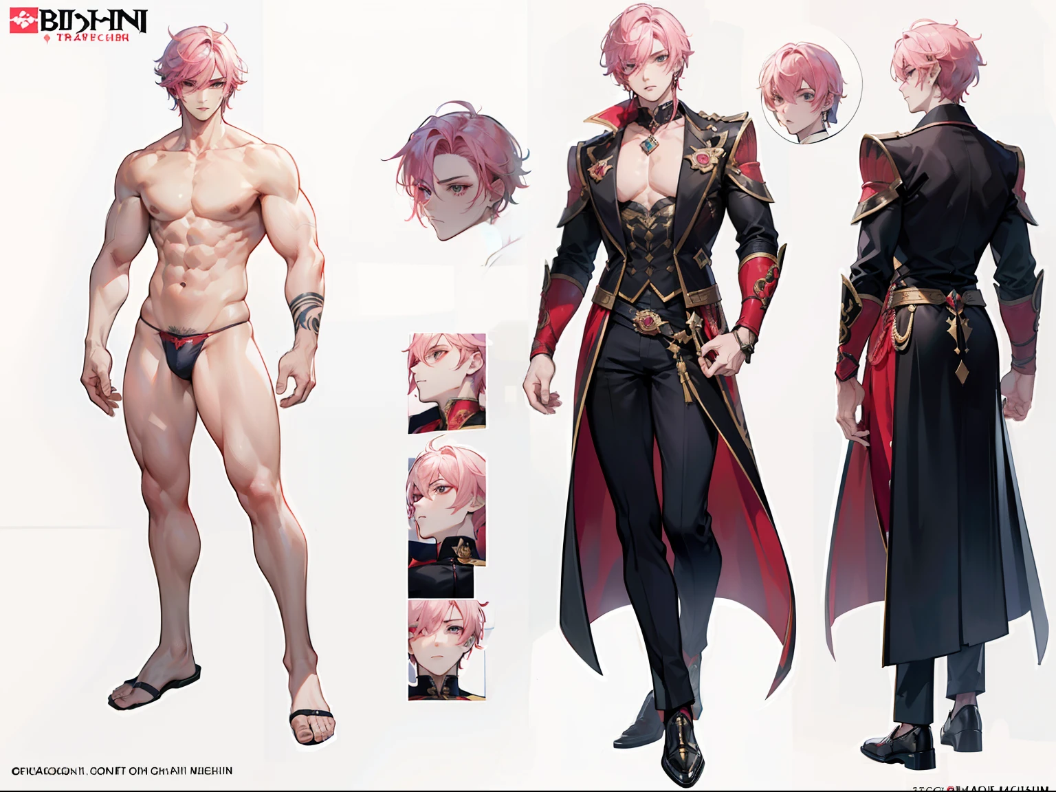((Masterpiece, Highest quality)), Male, boy, Detailed face, character design sheet,full body esbian, Full of details, frontal body view, back body view, Highly detailed, Depth, Many parts, Muscle boy with pink hair,handsome man, vampire outfit clothes, Genshin Impact, man tall, pectoral muscles, abs