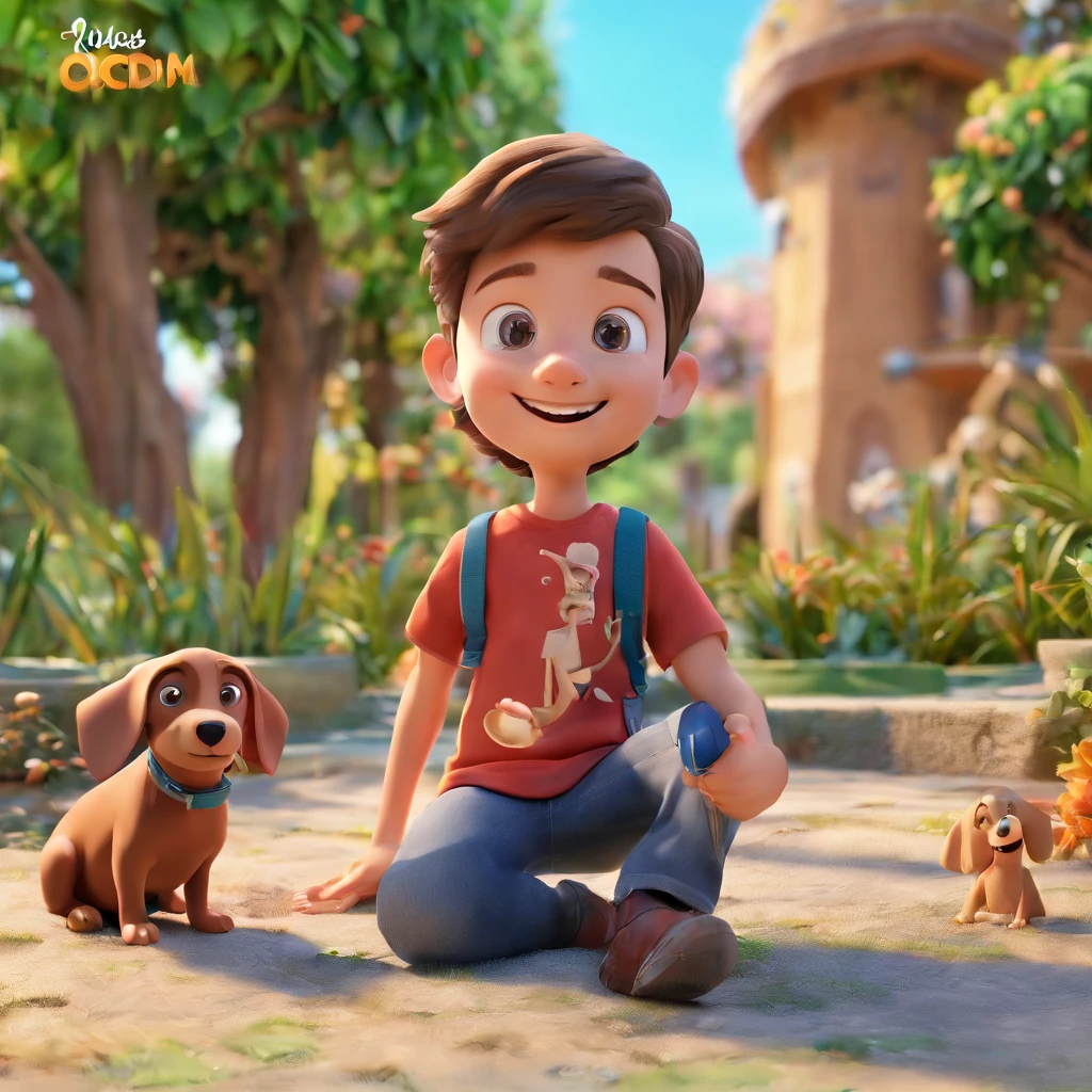 Lucas is a smiling 5-year-old human boy, com seu fiel amigo, Bolt, o cachorro Dachshund , deitados no jardim