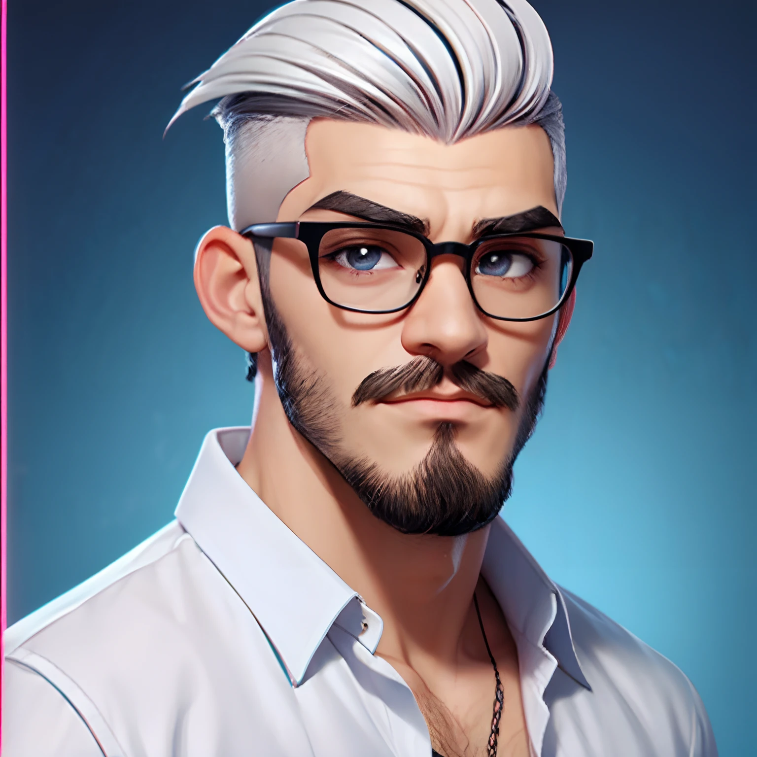 Homem na camisa branca do vestido, Longer hair on top with about 7 centimeters and on the sides shaved lower with a gradient. wearing a round glasses, com barba rala falhada. olhos pequenos, a medium nose, com um alargador branco.