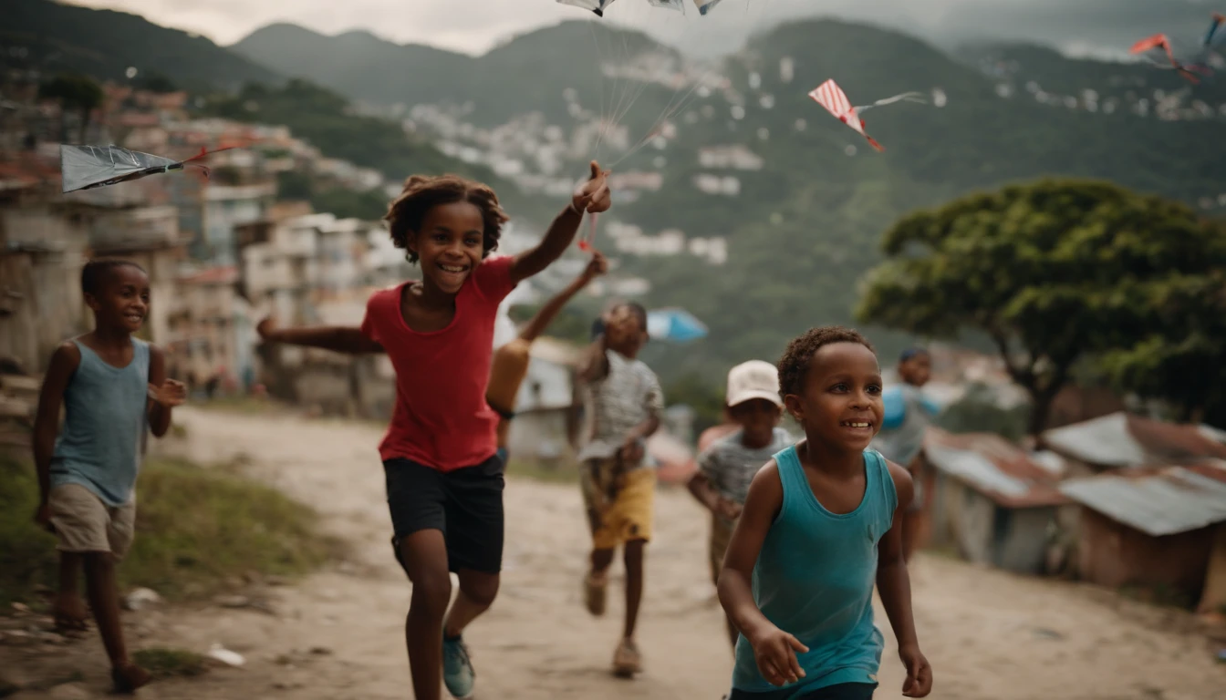 Black children from the periphery, with a cap and wearing adidas and nike clothes, They are happy in the favela of Rio de Janeiro flying kites