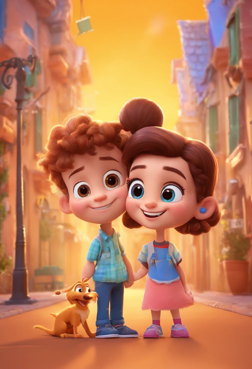 Create a Disney Pixar Cartoon Poster with a Happy Family. The mother is skinny, branca, cabelo liso, comprido e castanhos, olhos expressivos e castanhos, vestido longo florido. Daddy's a chubby guy, sorridente, wears glasses and has short brown hair. O filho adolescente, estiloso, cabelo liso, castanho, nariz bonito, olhos castanhos. Um cachorro pelo curto na cor branca e com uma mancha caramelo em volta dos olhos. A lovely couple. Illustrate this scene from a perspective where they are facing the camera, Smiling and Showing Your Connection. Desenvolva esta arte em Full HD, Focus on your cinematic touch, Estilo Disney Pixar Animations