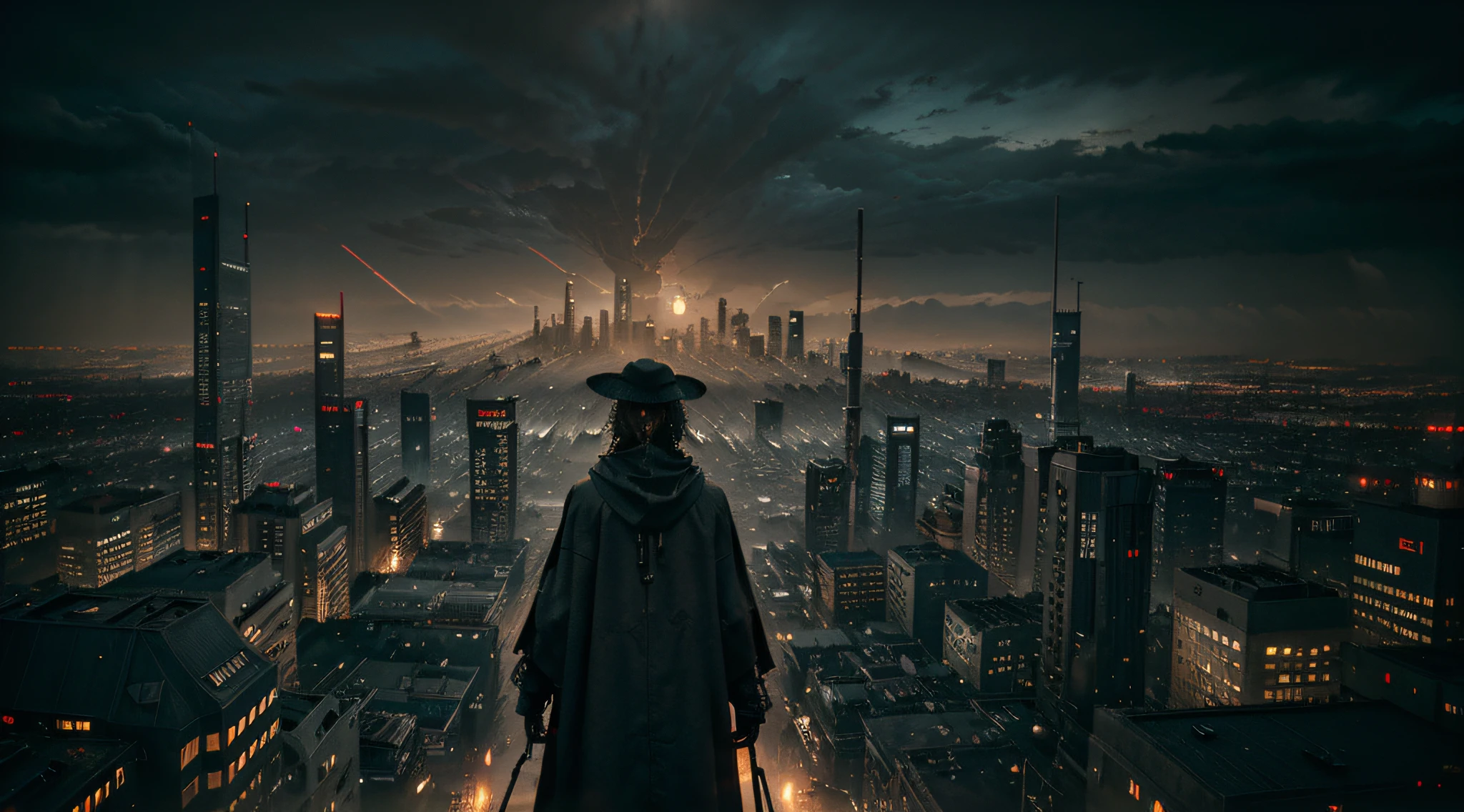futuristic cyberpunk city, gloomy bleak view on dystopic cyberpunk city, dark landscape, dreary landscape, dark scarecrow, creepy scarecrow, high scarecrow, scarecrow standing on roof, portrait, gloomy monster, long arms, stick hands, T-pose, (covered in ash), rag cloak, straw hat, dark lighting, top view of a huge city, futuristic city, hopeless art