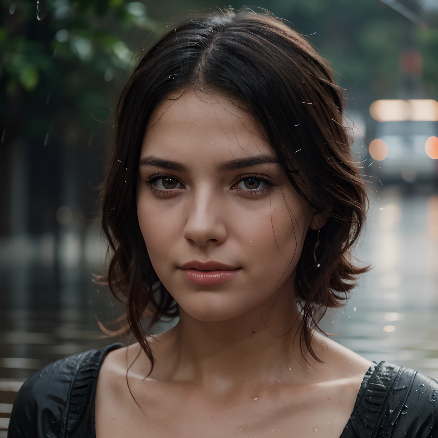 here is a woman that is looking at the camera in the rain, cinematic realistic portrait, ultra realistic digital painting, ultra-realistic digital art, soft portrait shot 8 k, rain drops on face, ultra realistic digital art, hyperrealistic digital painting, hyper realistic digital painting, hyperrealistic digital art, ultrarealistic digital art, beautiful photorealistic imagery, hyper realistic digital art