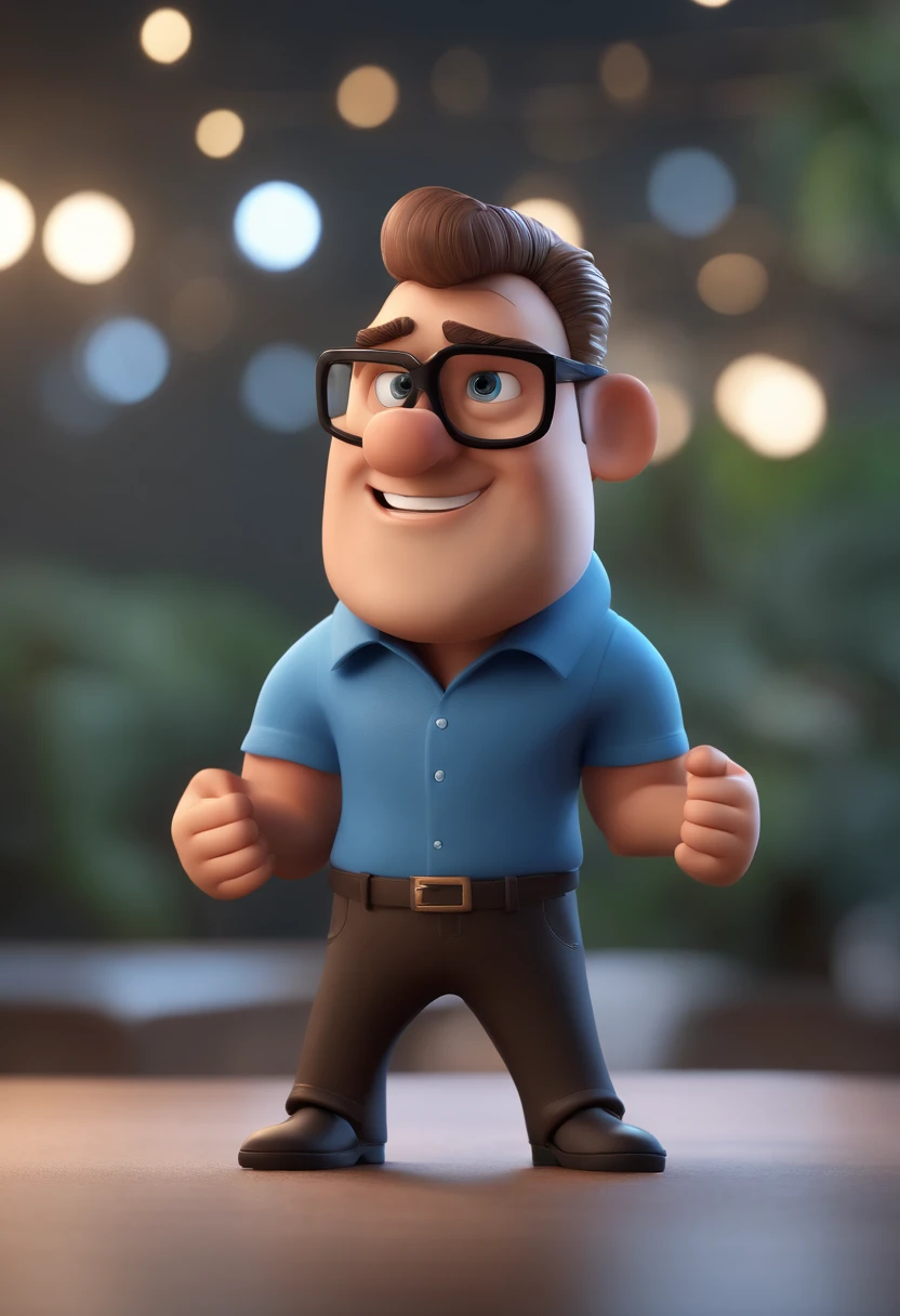 Cartoon character of a man with black glasses and a blue shirt, animation character, Caractere estilizado, animation style rendering, 3D estilizado, Arnold Maya render, 3 d render stylized, toon render keyshot, Personagem 3D, Personagem 3D, 3d rendering stylized, 3 d character render, personagem de desenho animado, Personagem de close up, Pose de personagem, (Estilo Pixar) (master part:1.2) (Bokeh) (best quality) (pele detalhada) (textura detalhada) (8k) (argila) (Cinematic lighting) (foco nítido