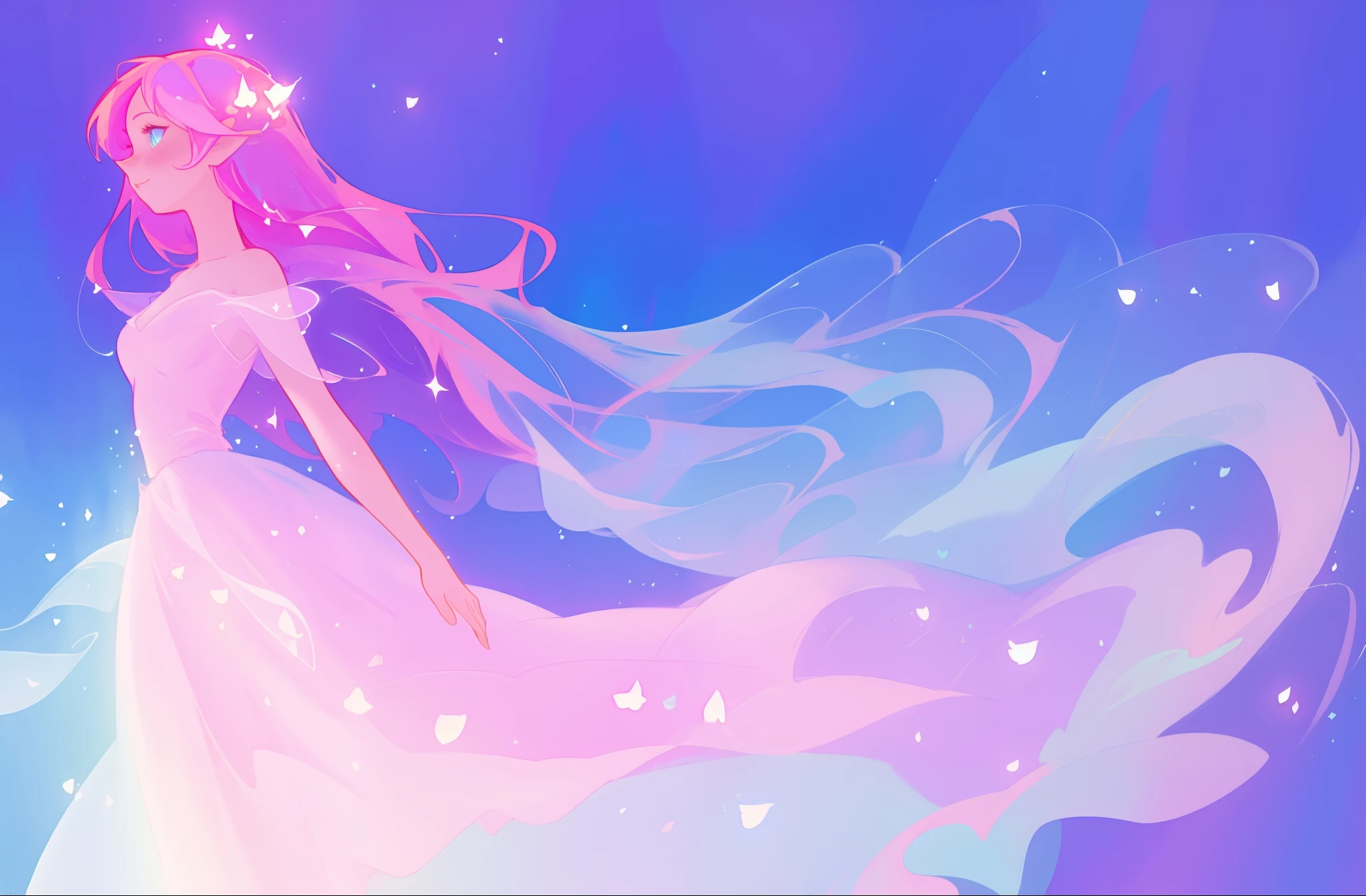 beautiful girl in sparkling multi-layer ballgown, long sparkling pink hair, fantasia background, watercolor illustration, inspired by Glen Keane, inspired by Lois van Baarle, disney art style, by Lois van Baarle, glowing aura around her, by Glen Keane, jen bartel, glowing lights! digital painting, flowing glowing hair, glowing flowing hair, beautiful digital illustration, fantasia otherworldly landscape plants flowers, beautiful, masterpiece, best quality, anime disney style
