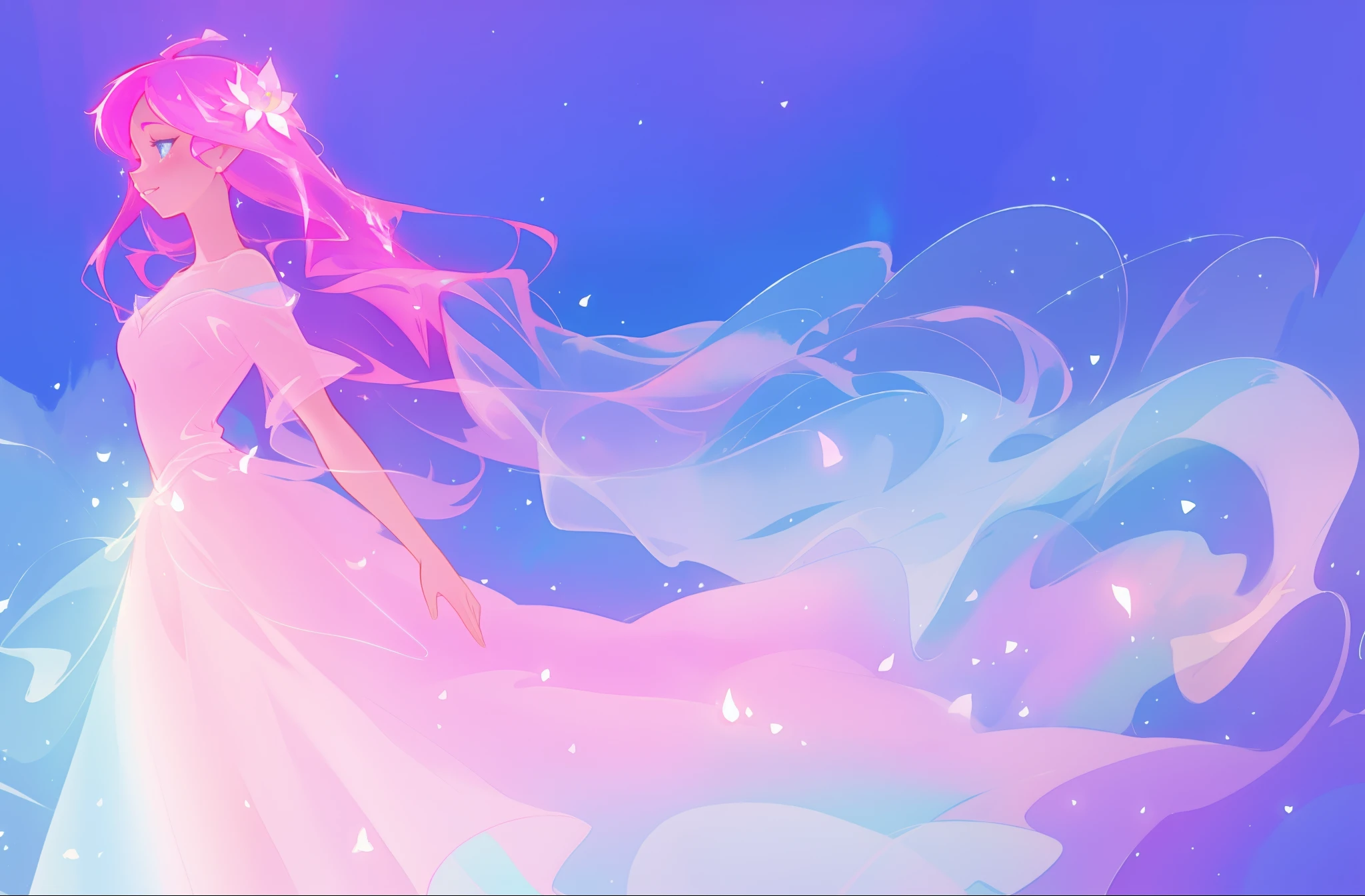 beautiful girl in sparkling multi-layer ballgown, long sparkling pink hair, fantasia background, watercolor illustration, inspired by Glen Keane, inspired by Lois van Baarle, disney art style, by Lois van Baarle, glowing aura around her, by Glen Keane, jen bartel, glowing lights! digital painting, flowing glowing hair, glowing flowing hair, beautiful digital illustration, fantasia otherworldly landscape plants flowers, beautiful, masterpiece, best quality, anime disney style