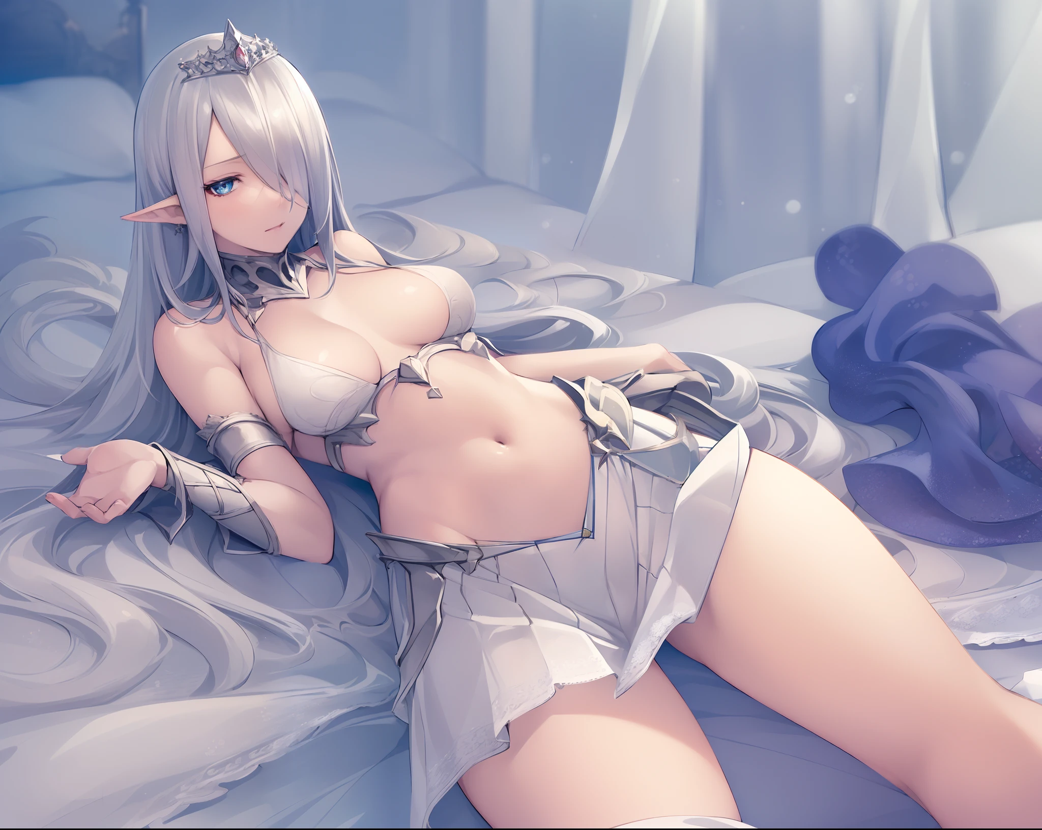 (best quality,ultra-detailed,photo-realistic:1.37),1girl,long hair,blue eyes,beautiful detailed eyes,hair over one eye,grey hair,skirt,armor,breasts,beautiful detailed lips,armpits,small breasts,covered navel,tiara,pointy ears,indoors,on back,bed,soft lighting,vivid colors,romantic atmosphere,serene expression,peaceful mood,relaxed posture,subtle shadows,delicate texture,gentle curves,subdued hues,dreamy ambiance,ethereal vibe,whisper-quiet scene,harmonious composition,reflective mood,serene atmosphere