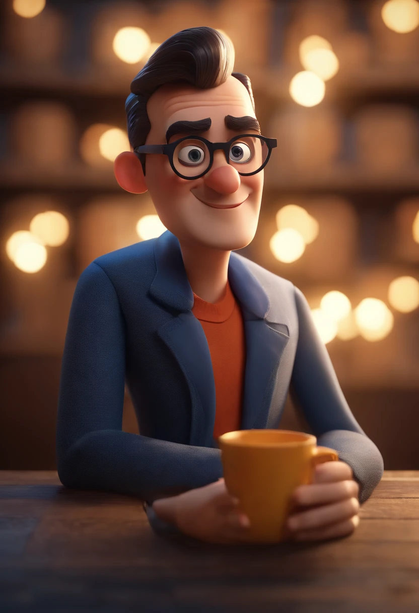 Cartoon character of a man wearing black glasses and a blue shirt, um personagem animado, Caractere estilizado, animation style rendering, 3D estilizado, Arnold Maya render, 3 d render stylized, toon render keyshot, Personagem 3D, Personagem 3D, 3d rendering stylized, 3 d character render, personagem de desenho animado, Personagem de close up, Pose de personagem, (Estilo Pixar) (master part:1.2) (Bokeh) (best quality) (pele detalhada) (textura detalhada) (8k) (argila) (Cinematic lighting) (foco nítido,Senta e vaza a parte superior do corpo