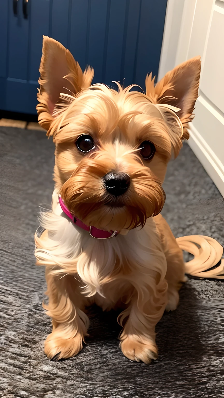 There's a small dog on the floor next to a pair of slippers, Yorkshire Terrier, small dog, 2 anos, Dog cute, Looking towards the camera, Directed by: Emma Andijewska, olhar desleixado, um bonito, segurando seu Yorkshire Terrier, bonito, Rocco, staring directly at camera, 5 anos, staring directly at camera