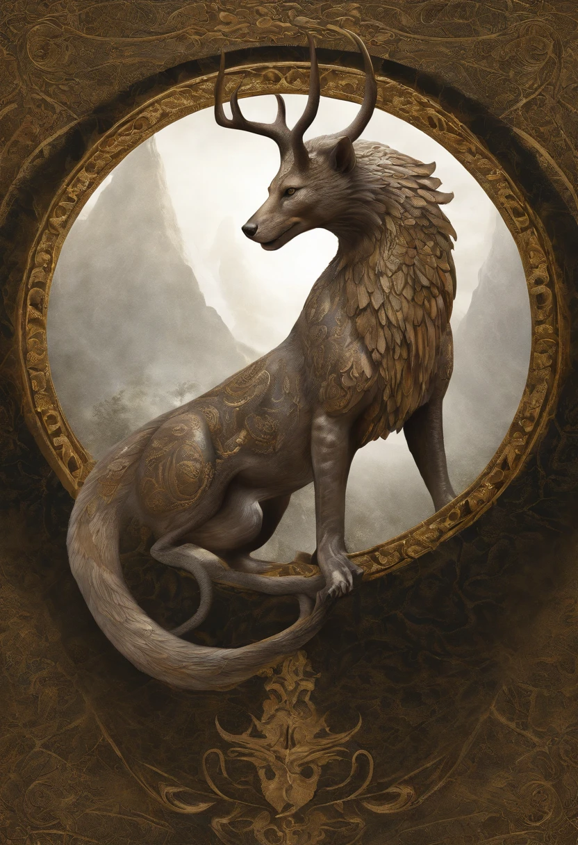 Design an animal based off the description, and no nudity or humans. It is a mix between a wolf head, a snake tail, peacock feathers, and a deer body. Head: The wolf's head, symbolizing guardianship and loyalty. Its eyes gleam with intelligence, and its sharp teeth are always visible, hinting at its ferocity and protective nature. Tail: Beginning where the stag's body ends is a thick, powerful tail reminiscent of a cobra. The tail's skin is smooth and slightly iridescent, echoing the shimmer of the peacock's feathers but in a more subdued manner. About halfway down, the tail starts to flatten, transitioning into the Body: The sleek and muscular body of a stag, representing purity and life. Its smooth fur and graceful form provide the chimera with agility and swiftness. Wings: Spanning from its back are the iridescent feathers of a peacock, which allow it to radiate grace and beauty, signifying prosperity and love. Legs: Four strong legs of the stag, maintaining the consistency with the body, and further emphasizing purity and life. Tail: A long, coiling cobra tail, representing transformation and power. The tail can be raised in a defensive posture, with the cobra's hood flared, ready to strike at any threat. Description: Emerging from the wilderness, this mythical creature embodies the essence of guardianship, purity, beauty, and power. Its wolf head, with alert eyes, conveys a sense of leadership and loyalty. The chimera's body, streamlined and muscular like that of a stag, moves with both grace and purpose. From its back, shimmering wings of a peacock unfold, casting a captivating array of colors that reflect the hues of the dawn. Its powerful stag legs allow it to tread with both authority and elegance across varied terrains. Yet, it is the chimera's coiling cobra tail that serves as a stark reminder of its transformative power and potential danger. This creature is a harmonious blend of nature's legends, encapsulating the spirit of the wild in its majestic form