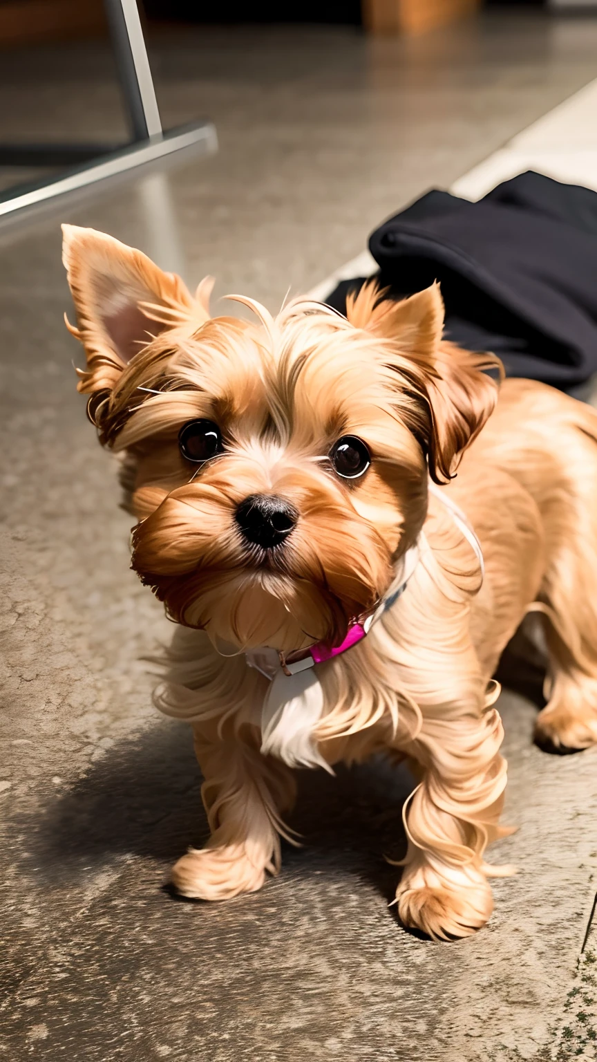 There's a small dog on the floor next to a pair of slippers, Yorkshire Terrier, small dog, 2 anos, Dog cute, Looking towards the camera, Directed by: Emma Andijewska, olhar desleixado, um bonito, segurando seu Yorkshire Terrier, bonito, Rocco, staring directly at camera, 5 anos, staring directly at camera