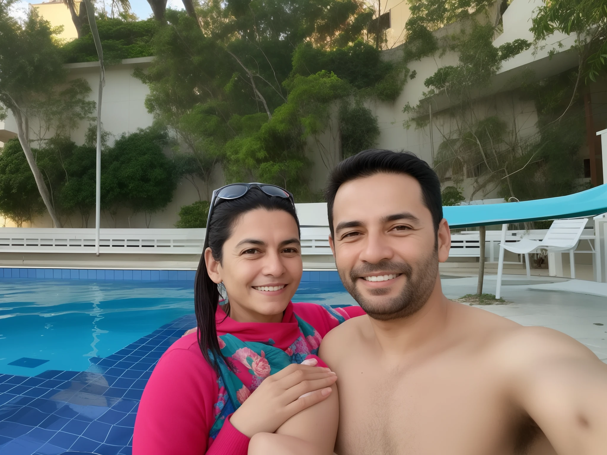 they are posing for a picture in front of a pool, em uma piscina, 3 5 year brazilian mother, Jogar na piscina, imagem de perfil, In Sao Paulo, Directed by: Nandor Soldier, vacation photo, WPOL e Sarasti, inspirado em Francis Souza, foto de perfil, swimming, cerca de 3 5 anos, tirada na hora dourada