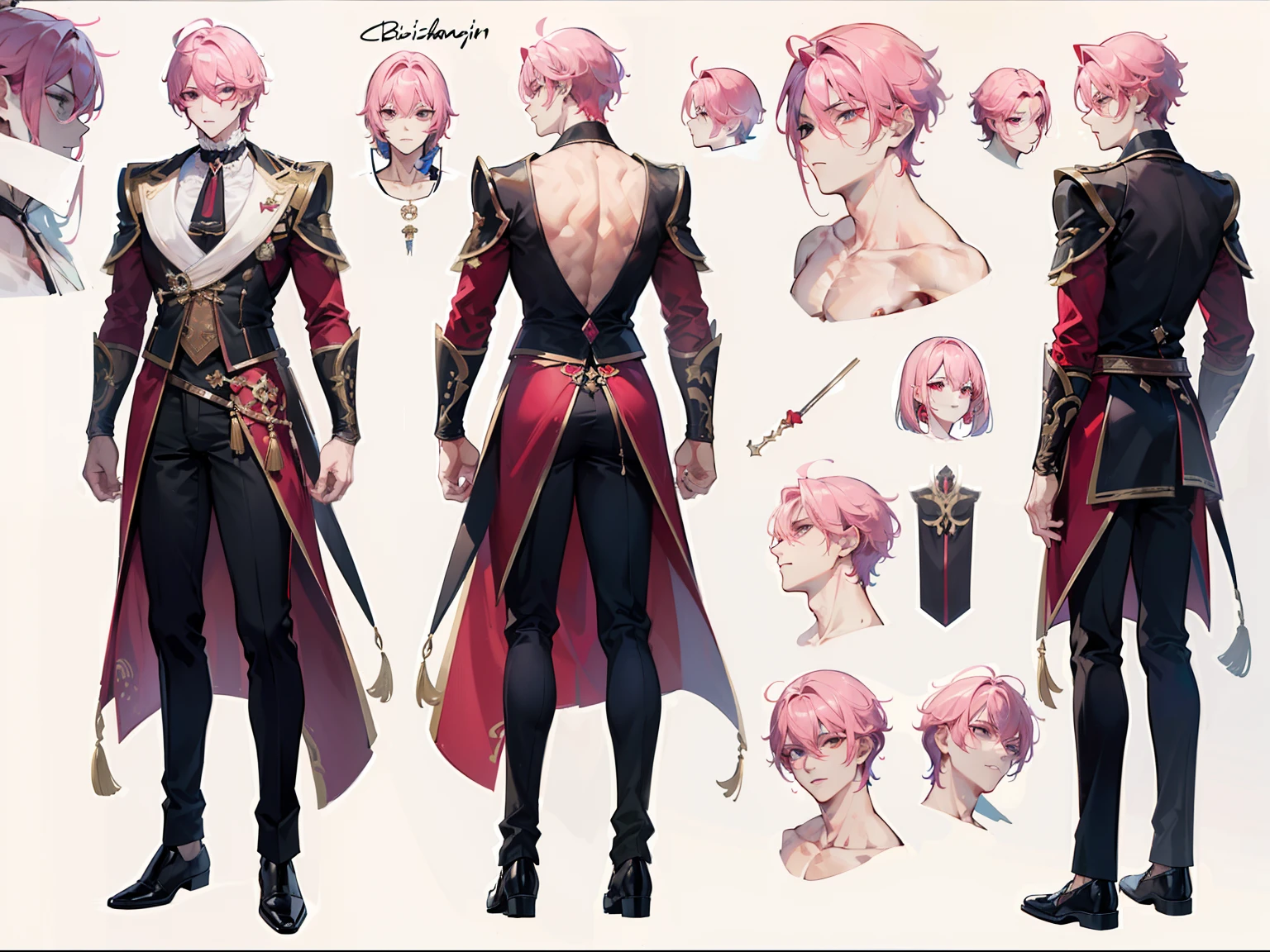 ((Masterpiece, Highest quality)), Male, boy, Detailed face, character design sheet，full body esbian, Full of details, frontal body view, back body view, Highly detailed, Depth, Many parts, Muscle boy with long pink hair，handsome man,  vampire outfit clothes, Genshin Impact, man tall, pectoral muscles, abs