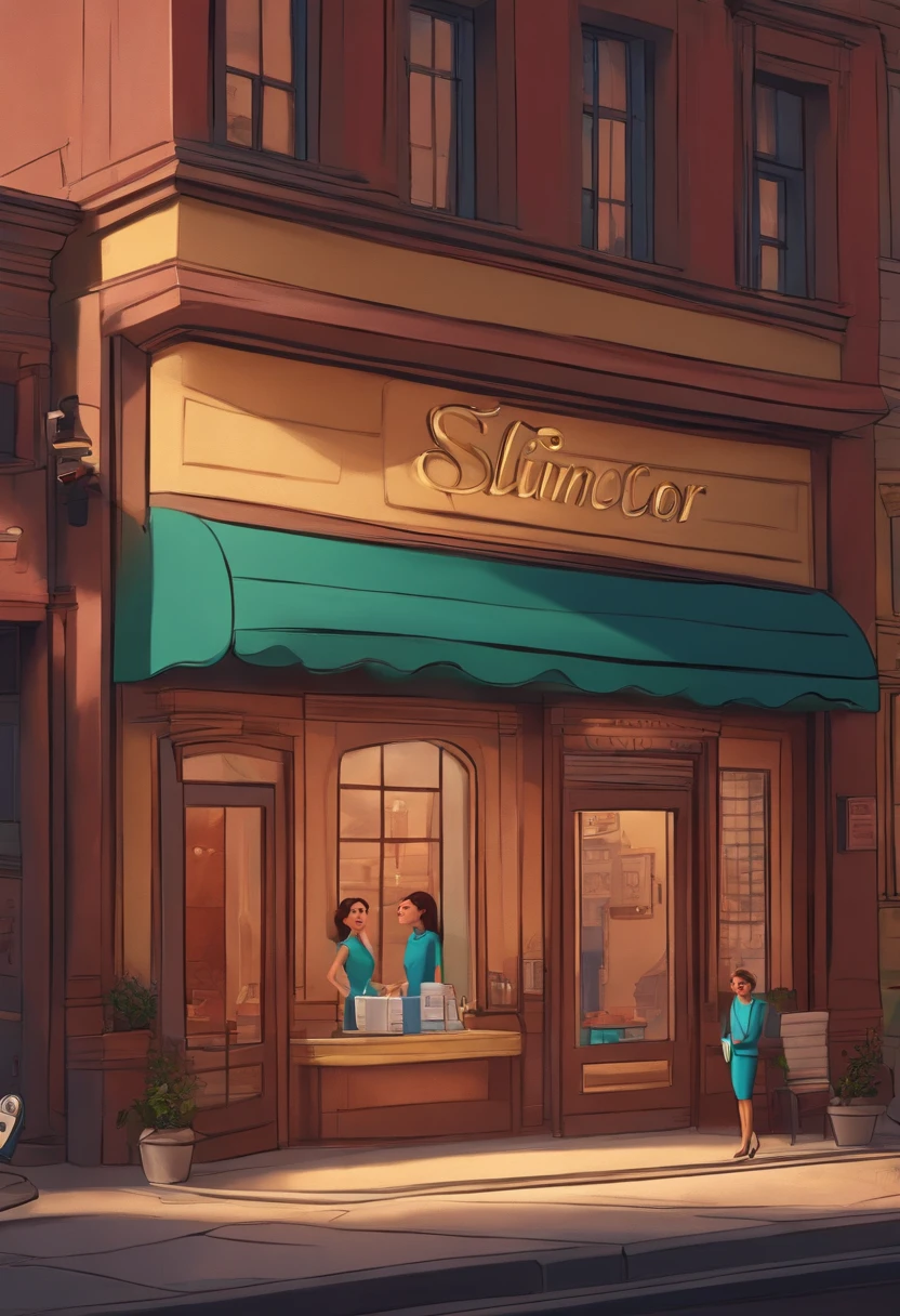 Pixar 3D-style drawing of a slimming clinic in the city center with a character in the foreground
