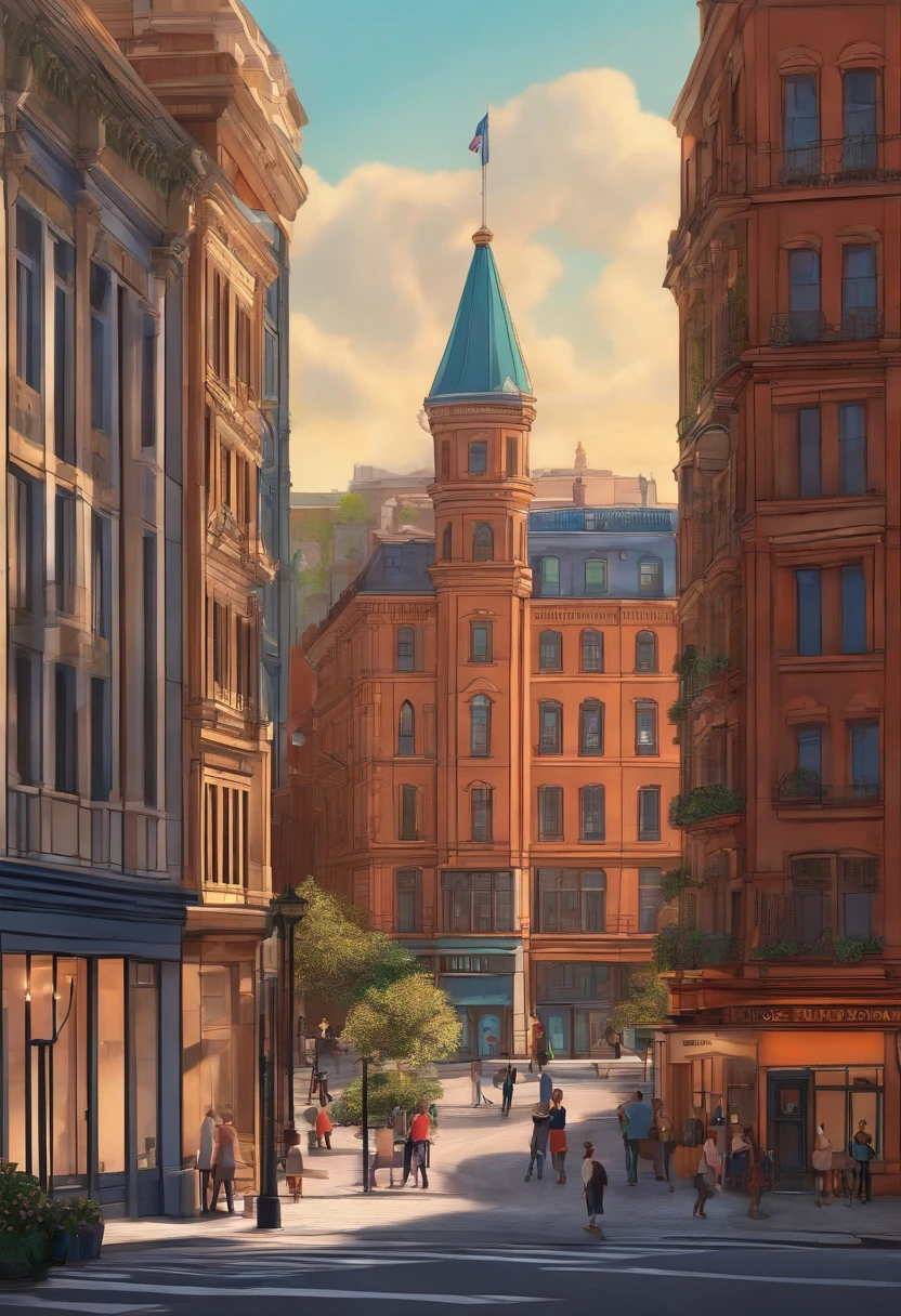 Pixar 3D-style drawing of a slimming clinic in the city center with a character in the foreground