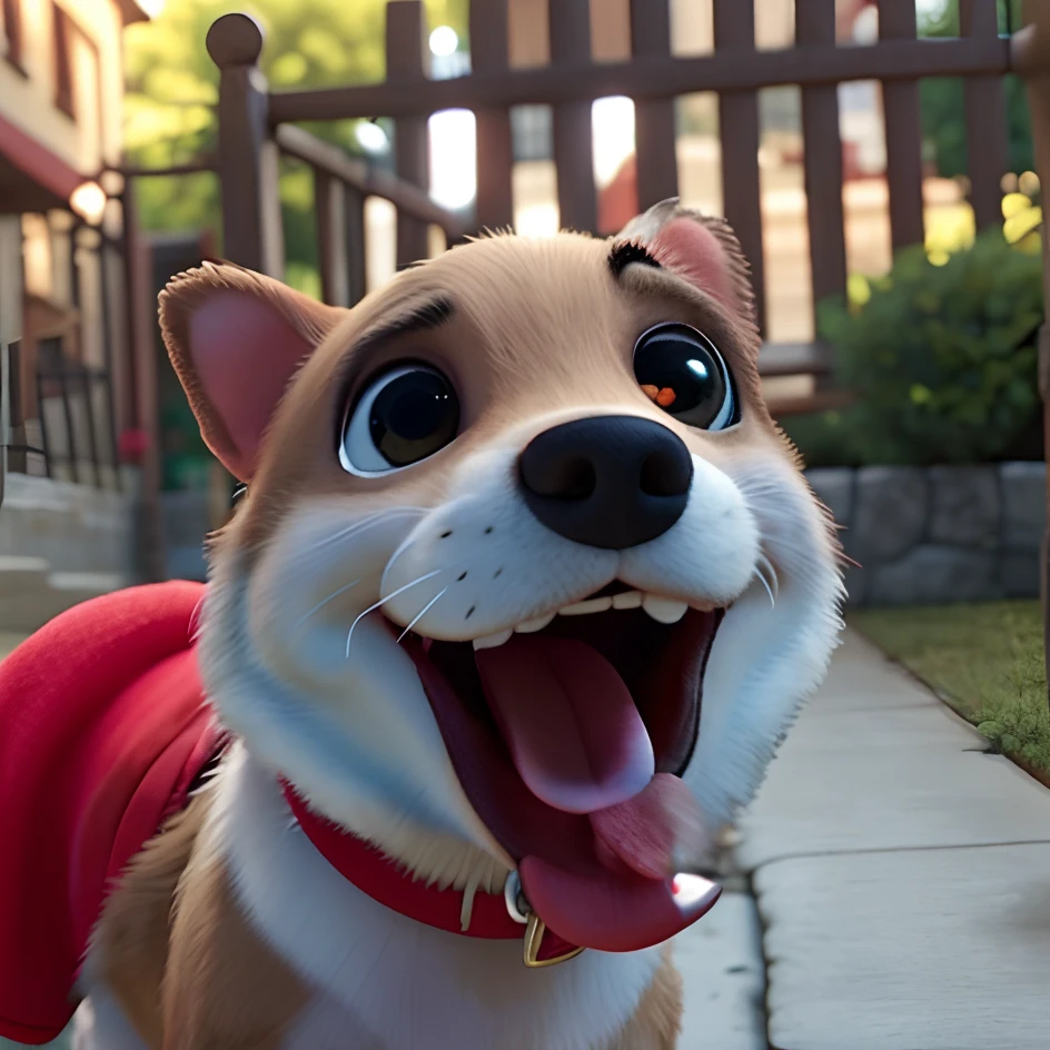 a close up of a dog wearing a red shirt on a sidewalk, very excited, Chihuahua surprised, closeup. mouth open, sneering at the camera, screaming at the camera, excited, tongue out, happy with his mouth open, very surprised, looking surprised, mouth open, yeah, excited expression, yawning, shocked, someone is screaming