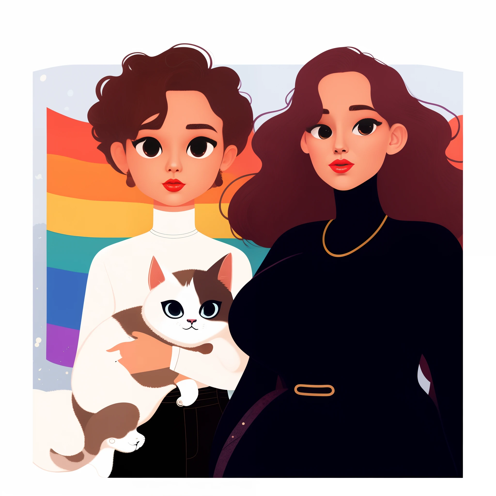 Two women with a cat in their arms, Arte LGBT, Jen Bartel, lesbian art, fanart oficial, fanart de alta qualidade, inspirado em Alfred Manessier, in illustration style digital, full body commission for, mulher queer, estilo de arte bonito, Directed by: Olivia Peguero, design de adesivo do telegrama, Lgbtq, cor plana, they are siblings, Directed by: Eva Frankfurther