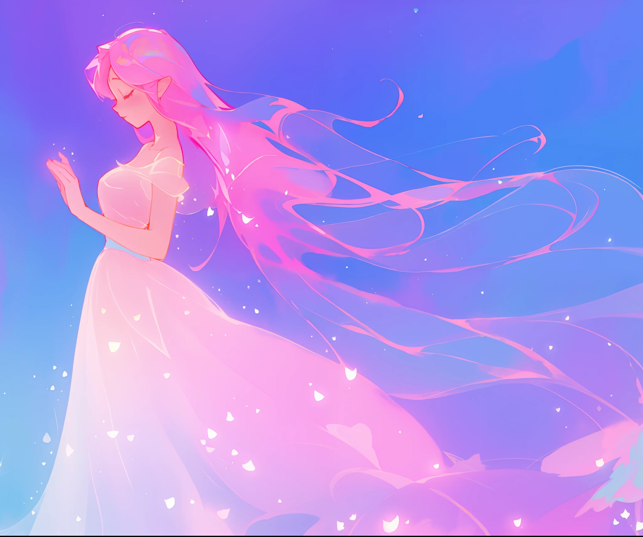 beautiful girl in sparkling multi-layer ballgown, long sparkling pink hair, fantasia background, watercolor illustration, inspired by Glen Keane, inspired by Lois van Baarle, disney art style, by Lois van Baarle, glowing aura around her, by Glen Keane, jen bartel, glowing lights! digital painting, flowing glowing hair, glowing flowing hair, beautiful digital illustration, fantasia otherworldly landscape plants flowers, beautiful, masterpiece, best quality, anime disney style
