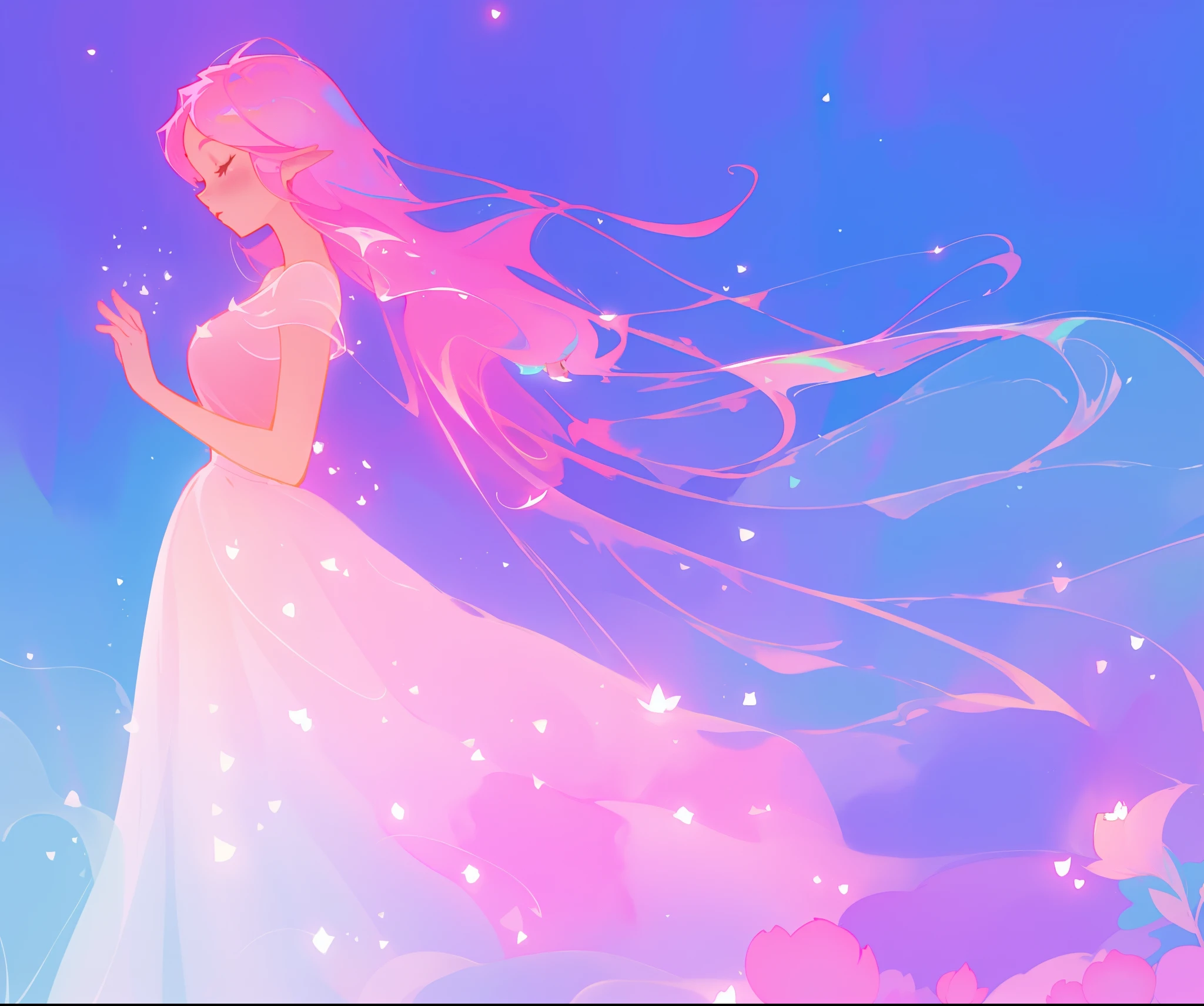 beautiful girl in sparkling multi-layer ballgown, long sparkling pink hair, fantasia background, watercolor illustration, inspired by Glen Keane, inspired by Lois van Baarle, disney art style, by Lois van Baarle, glowing aura around her, by Glen Keane, jen bartel, glowing lights! digital painting, flowing glowing hair, glowing flowing hair, beautiful digital illustration, fantasia otherworldly landscape plants flowers, beautiful, masterpiece, best quality, anime disney style