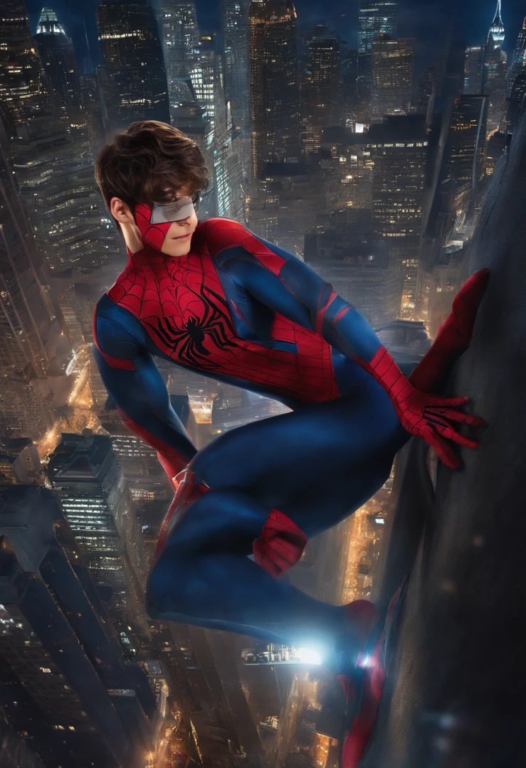 ((Detalhes super realistas.) (masutepiece, of the highest quality, best quality, Arte Oficial, Beauty and Aesthetics: 1.2), Very detailed, colorido, Melhor Detalhado, Cena da capa: Jungkook, vestido como o Homem-Aranha, is swinging between skyscrapers in New York City. Jimin, also as Spider-Man, watches him upside down, pendurado em uma teia, criando um confronto emocionante. The city's nighttime setting adds a touch of mystery and action to the scene.