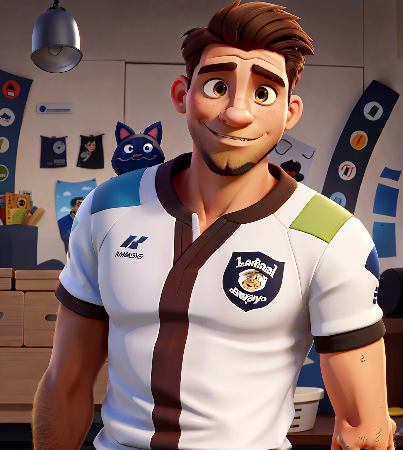 Personagem animado de um homem com 35 anos, de cabelo preto e olhos castanhos, magro, usando camisa vermelha, gosta de jogar futebol, animado, irreverente, Leader
