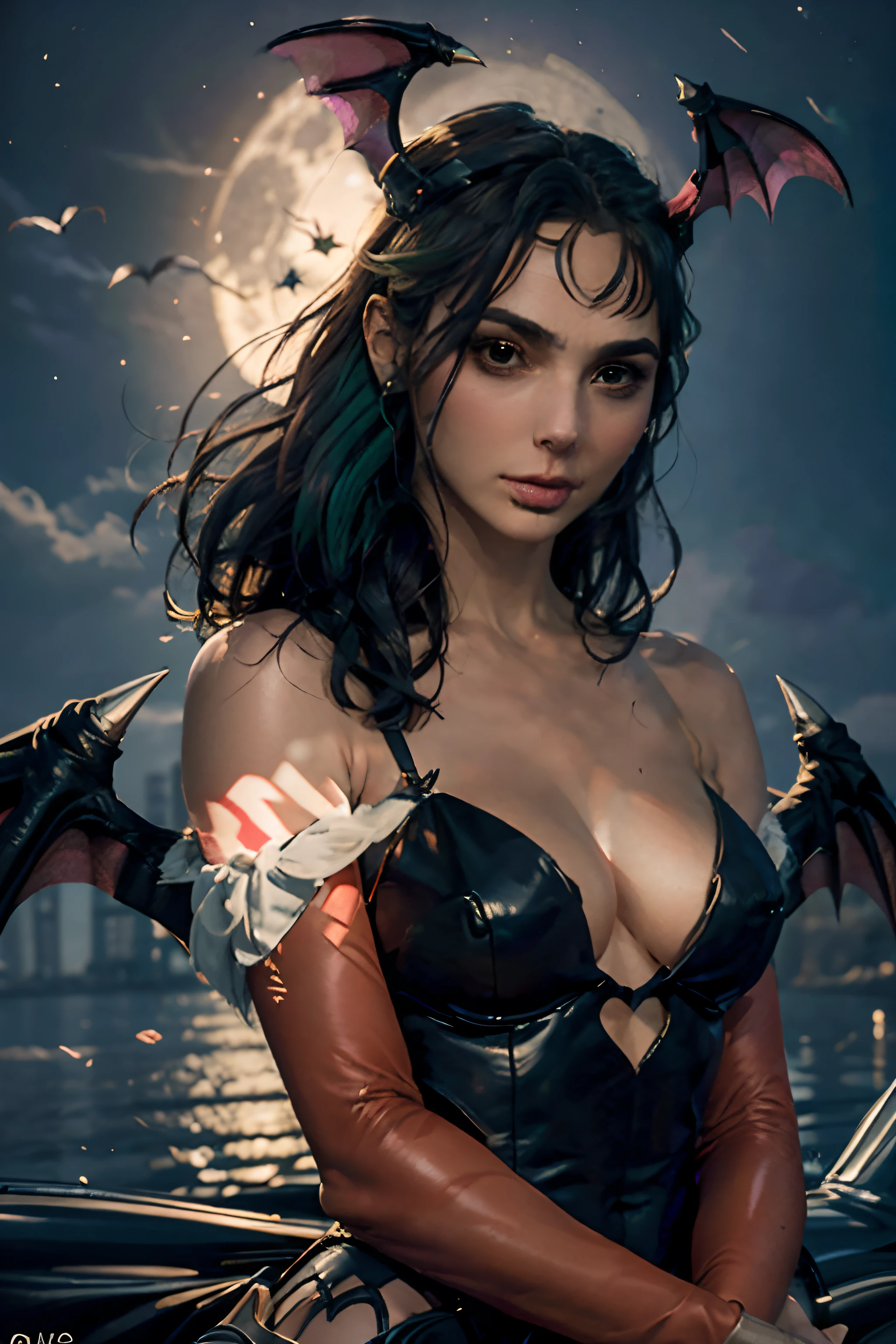 Bat wings on the head, bat wings on the head in the style of Morrigan Aensland, asas roxas