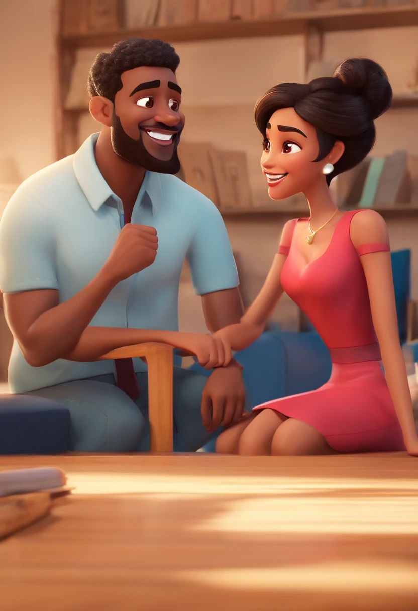 An illustration of an adorable couple, Highlight for a smiling mulatto man and a brunette woman with beautiful expressive eyes - the man's skin is mulatto and the man's hair is low and the woman's skin is black and the woman's hair is straight and black. They are a bright room, cada um com um sorriso no rosto, e compartilhar um momento especial caracterizado pelo amor, Insights. Illustrate this scene from a perspective where they are facing the camera, Smiling and Showing Your Connection. Desenvolva esta arte em Full HD, Focus on your cinematic touch, Estilo Disney Pixar Animations