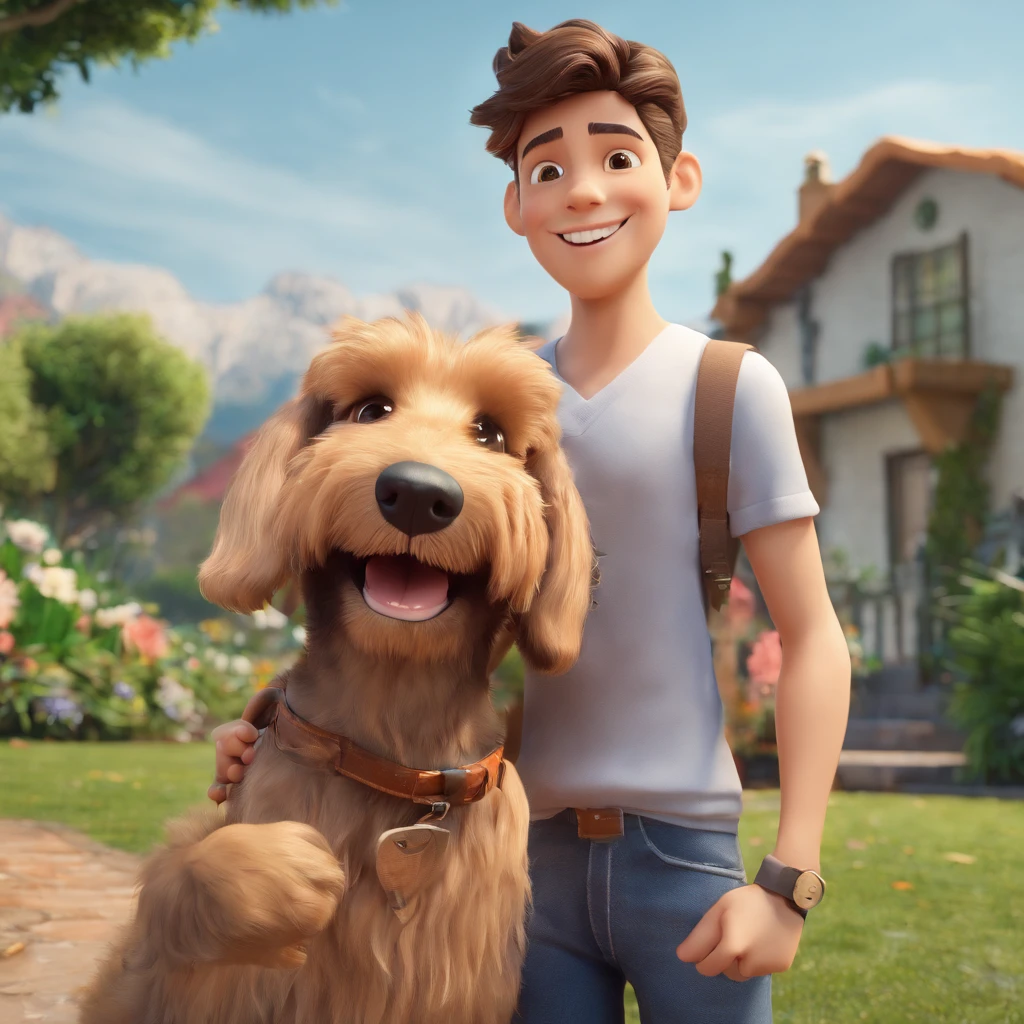 Lucas is a smiling 15-year-old human boy, com seu fiel amigo, Bolt, o cachorro schnauzer, deitados no jardim
