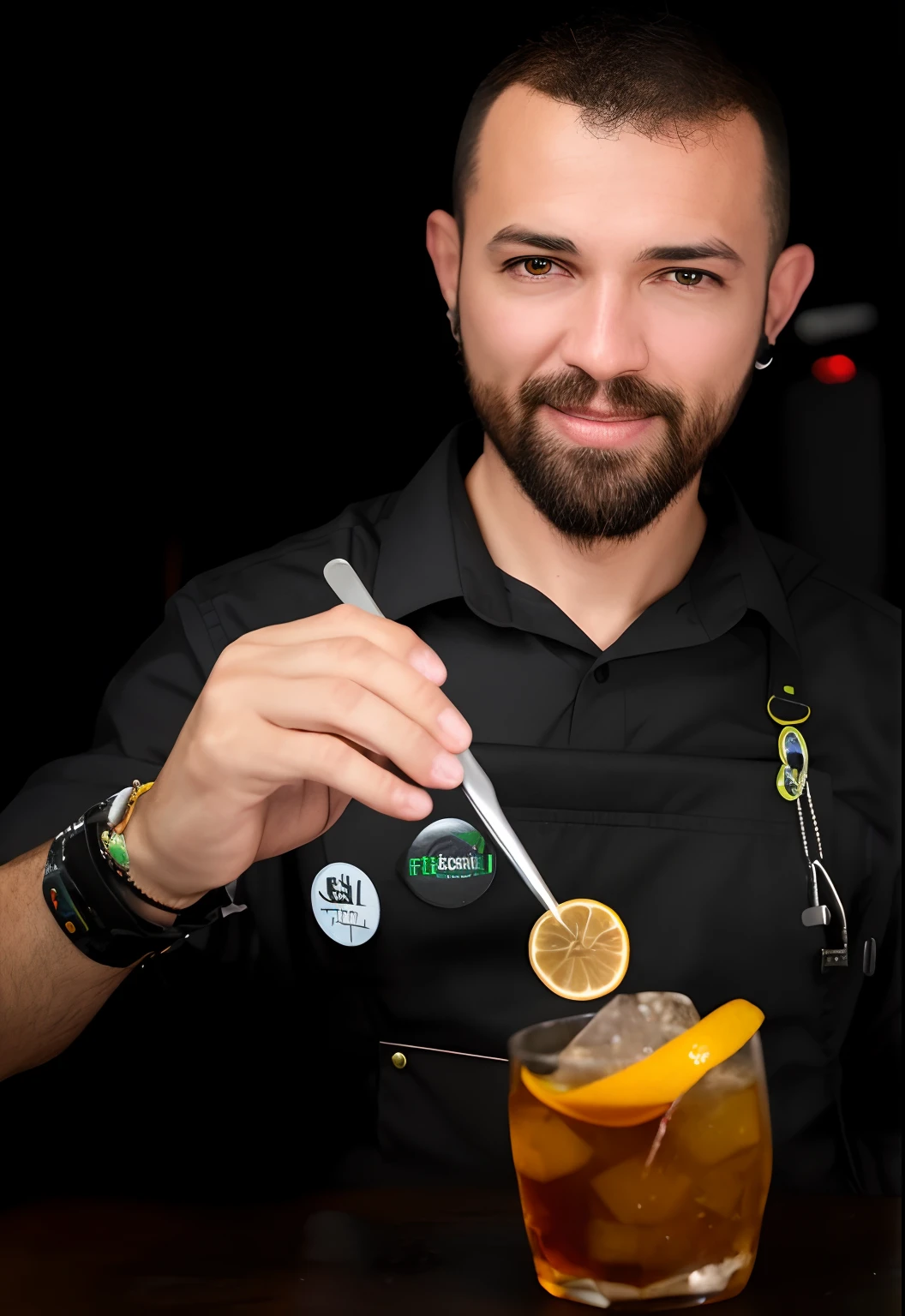 Man in black shirt holding a spoon with a lemon, Bartending, misturar bebidas, coquetel de bebida, guarnecer, Retrato no meio da foto, inspired by Germán Londoño, obra-prima obra de arte, segurando uma bebida, em um fundo escuro, tiro profissional, Tiro em Sony A 7 III, close up foto de retrato, com uma bebida