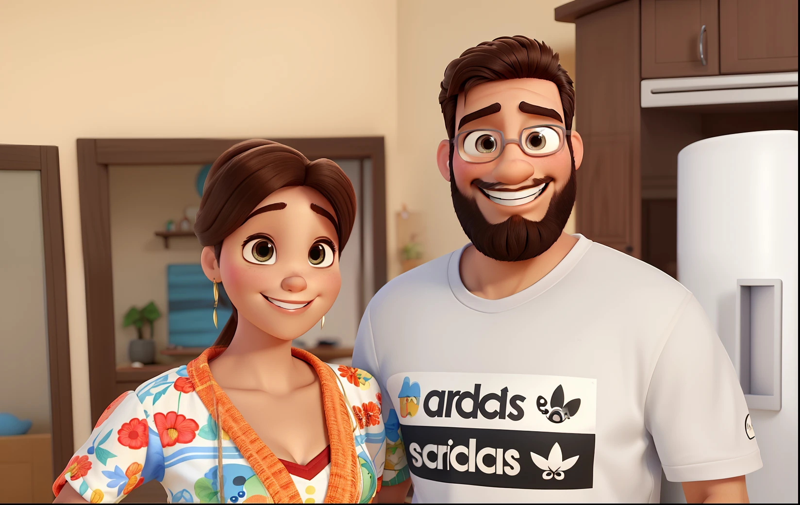 "Um casal ao estilo da Pixar, alta qualidade, best quality, e homem de olhos castanhos com barba sorrindo , mulher de olhos azuis cabelo loiro curto sorrindo