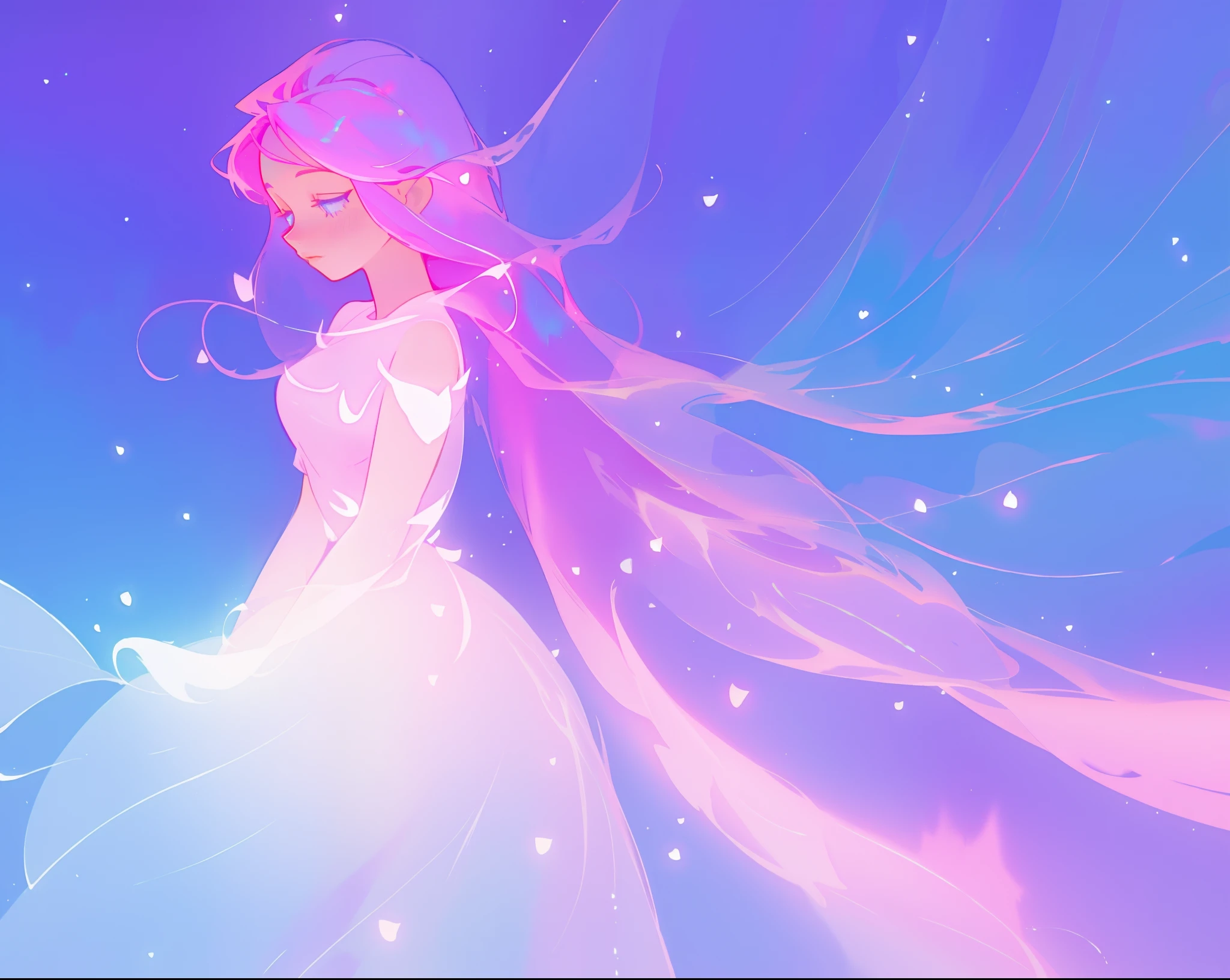 beautiful girl in sparkling multi-layer dress, long sparkling pink hair, fantasia background, watercolor illustration, inspired by Glen Keane, inspired by Lois van Baarle, disney art style, by Lois van Baarle, glowing aura around her, by Glen Keane, jen bartel, glowing lights! digital painting, flowing glowing hair, glowing flowing hair, beautiful digital illustration, fantasia otherworldly landscape plants flowers, beautiful, masterpiece, best quality, anime disney style