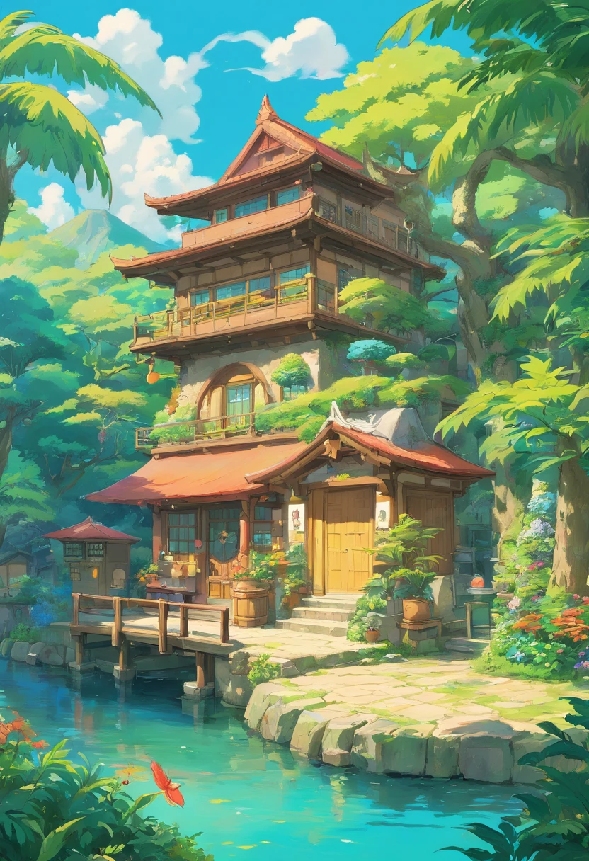 Dragon, Adolable, Tropical garden, Lakeside, Hay casas a lo lejos.
