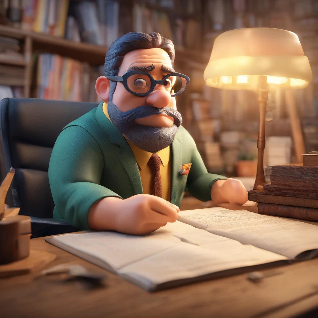 Crie um cartaz inspirado na Disney Pixar com o personagem sendo o pastor. Um homem de careca, barba branca, gordo, wearing goggles, in an office with a Bible on the table