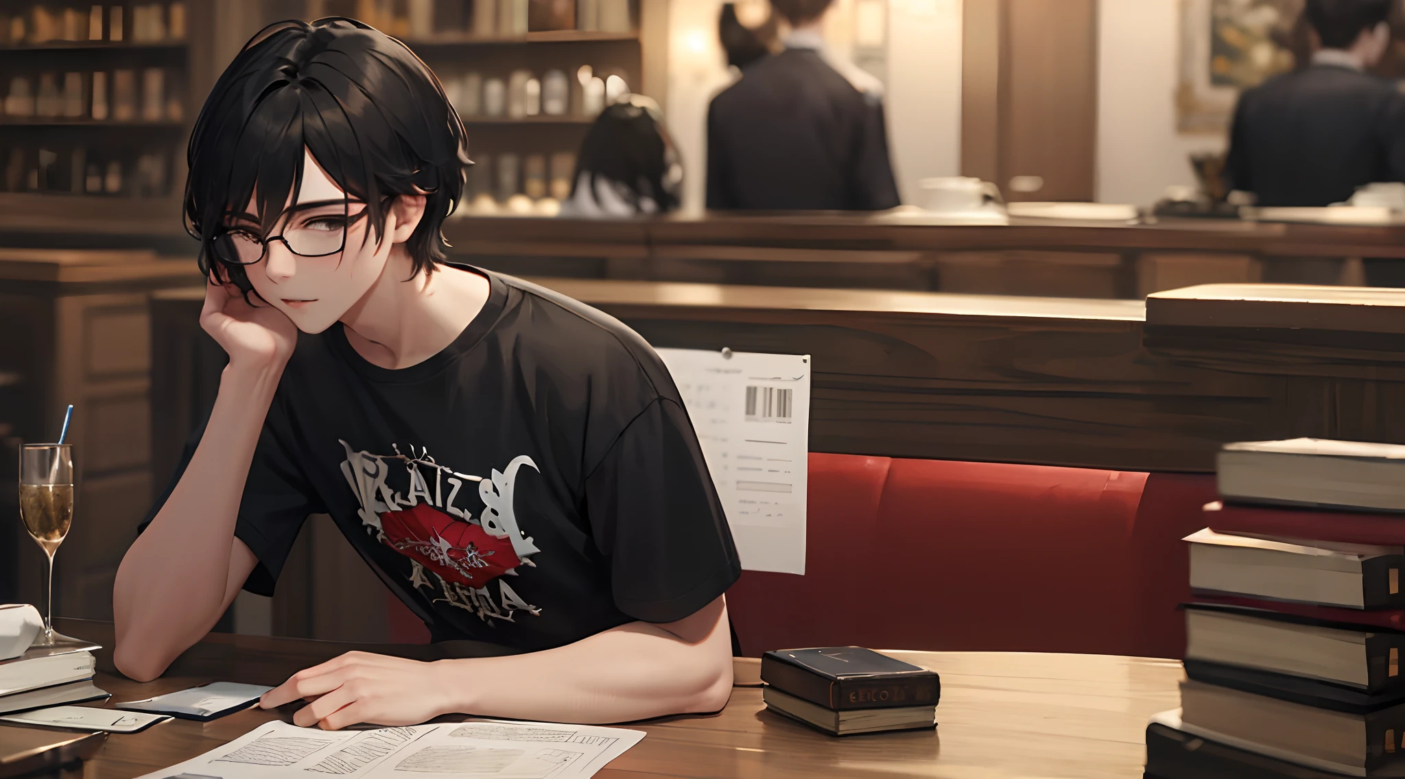 Homem calvo, cabelo preto, Wearing Thin Black Glasses , camiseta vermelha com estrela branca no centro.