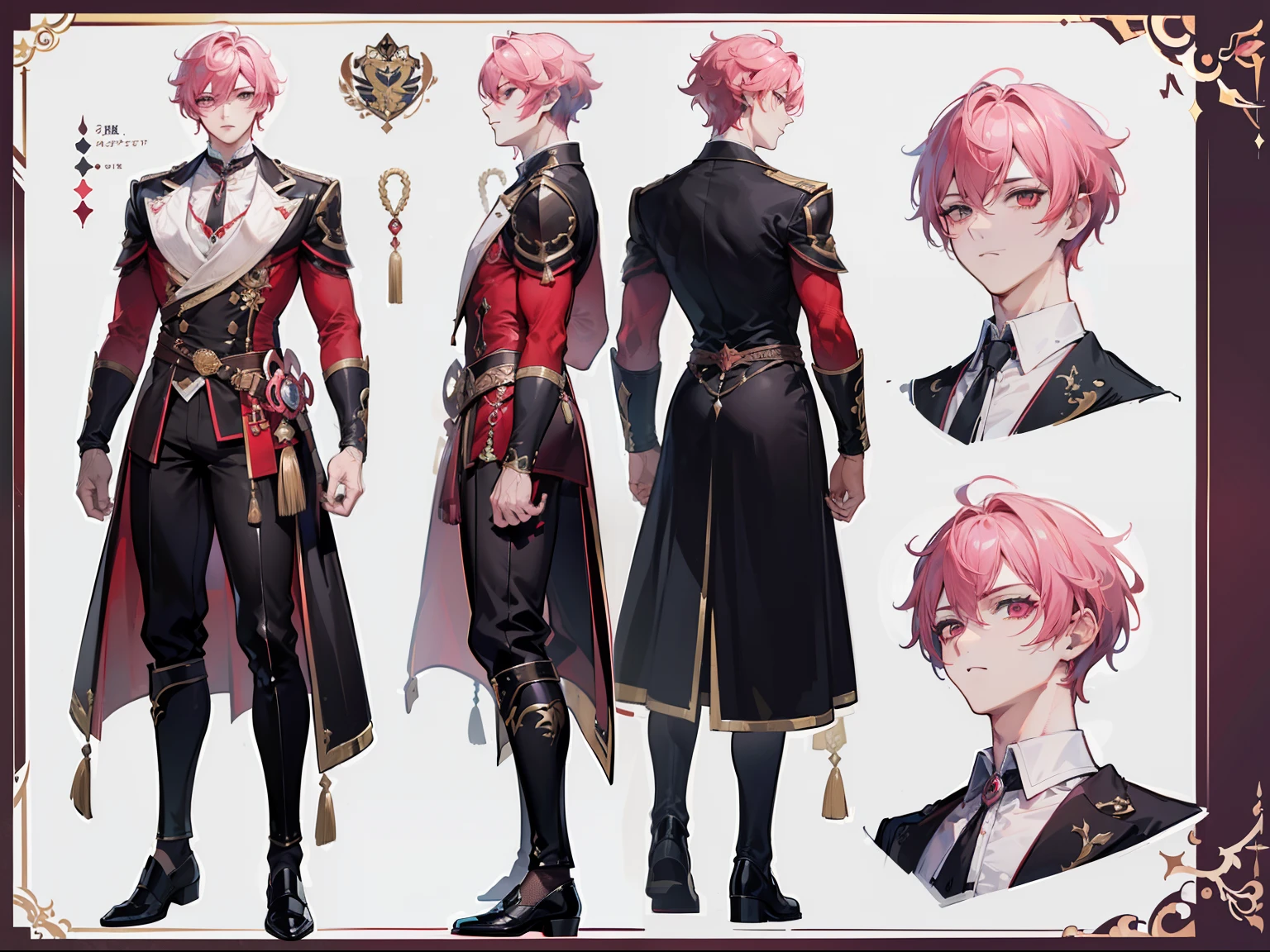 ((Masterpiece, Highest quality)), Male, boy, Detailed face, character design sheet, full bodyesbian, Full of details, frontal body view, back body view, Highly detailed, Depth, Many parts, Muscle boy with pink hair,handsome man, vampire outfit clothes, Genshin Impact, man tall